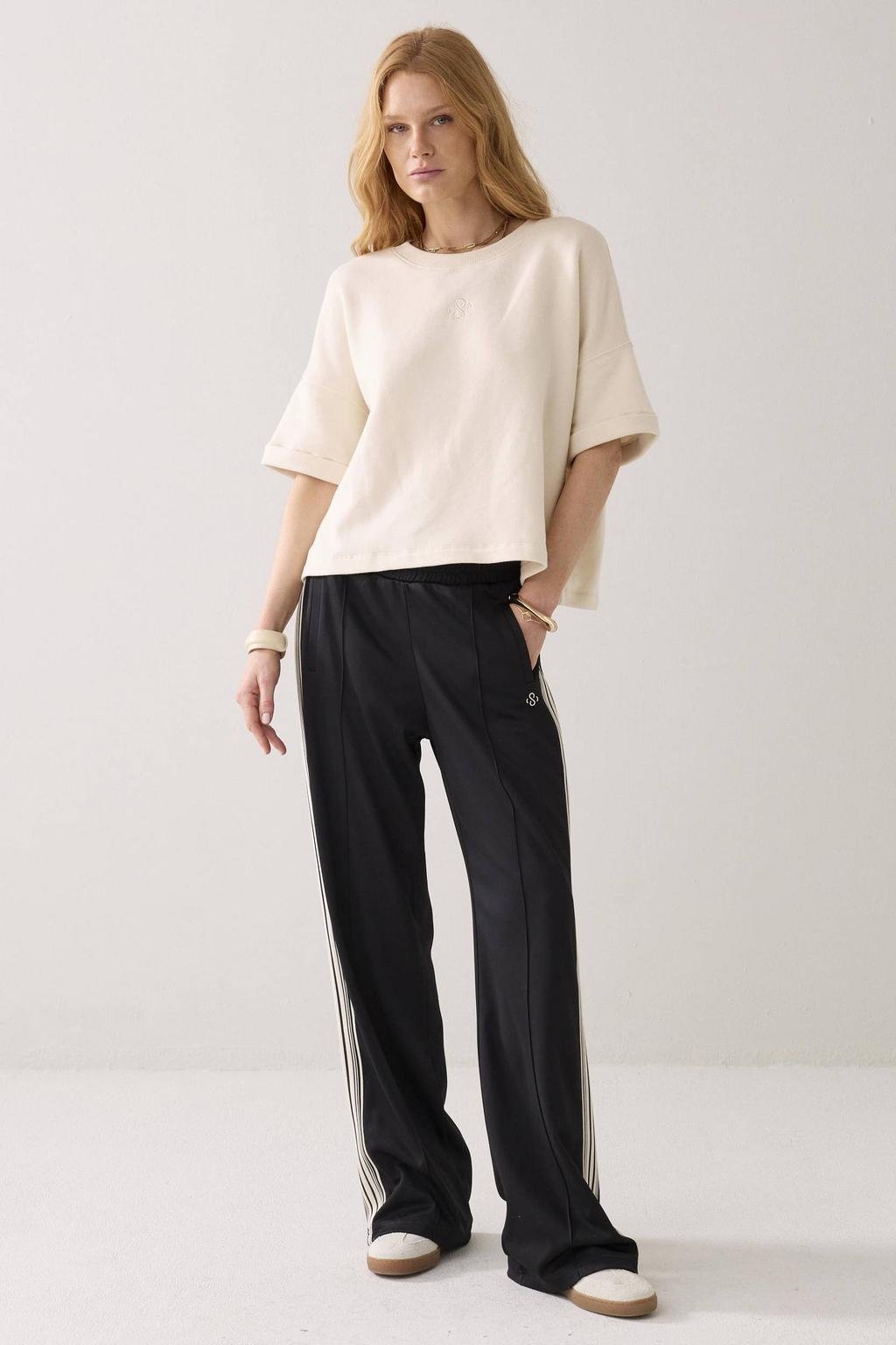 Ecru dames Summum pullover van katoen met effen, half lange mouwen, ronde hals en omslagdetail