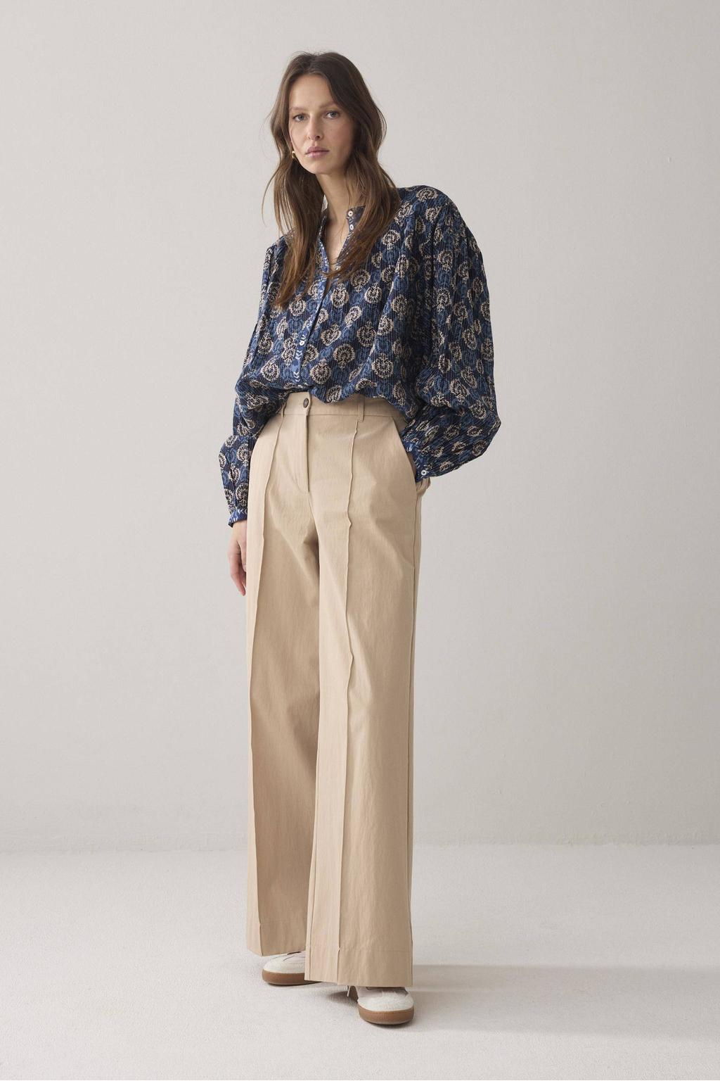 Beige dames Summum wide leg regular waist broek van katoen met rits- en knoopsluiting en effen