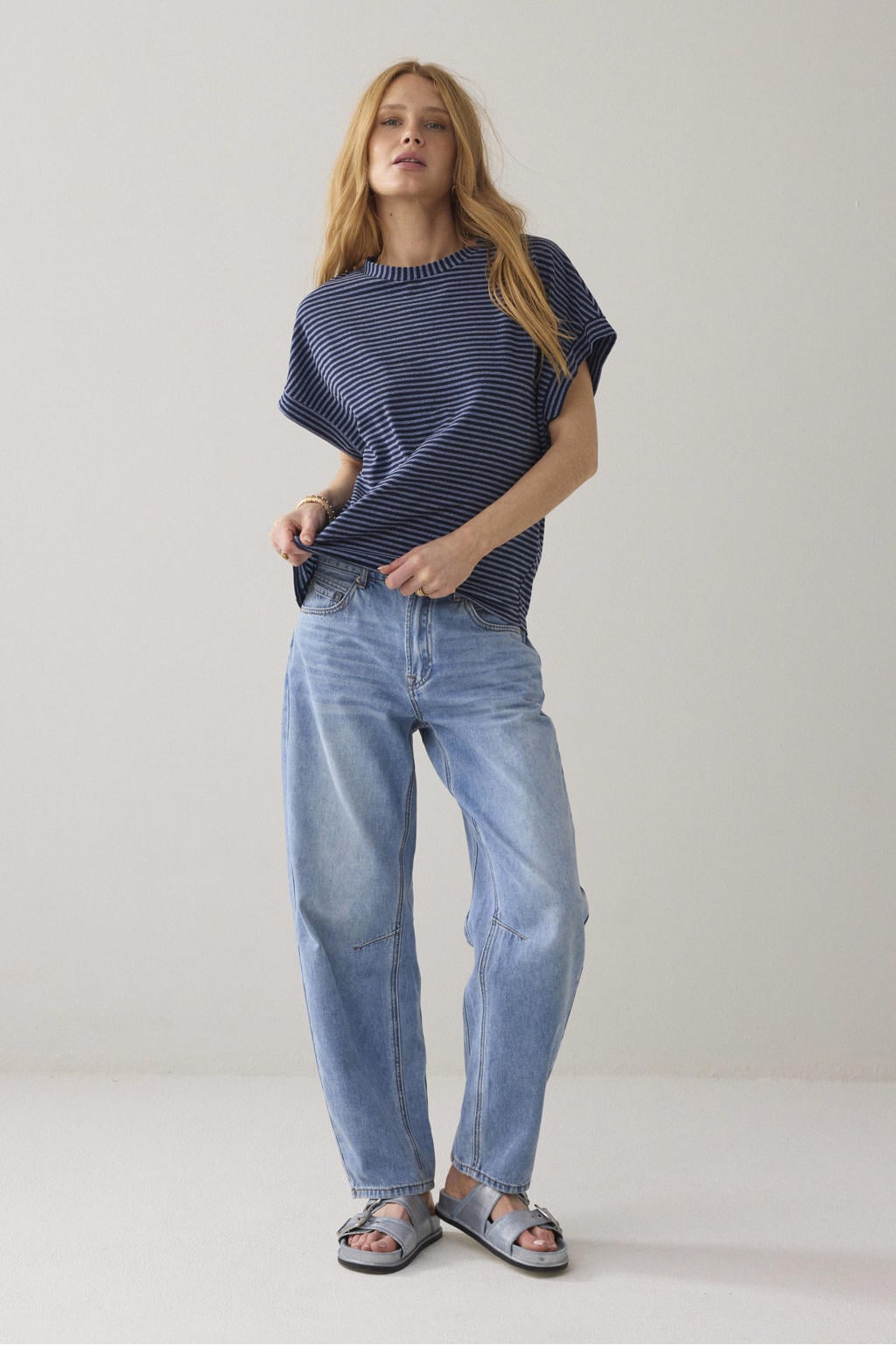 Blauw en zwarte dames Summum gestreepte T-shirt van polyester met korte mouwen, ronde hals en lurex