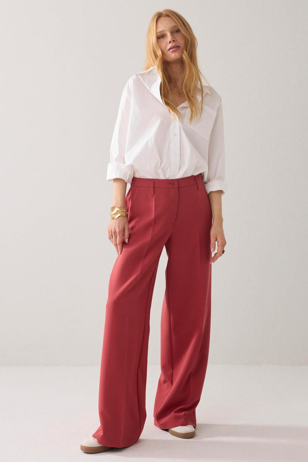 Rode dames Summum wide leg regular waist pantalon met rits- en knoopsluiting en effen