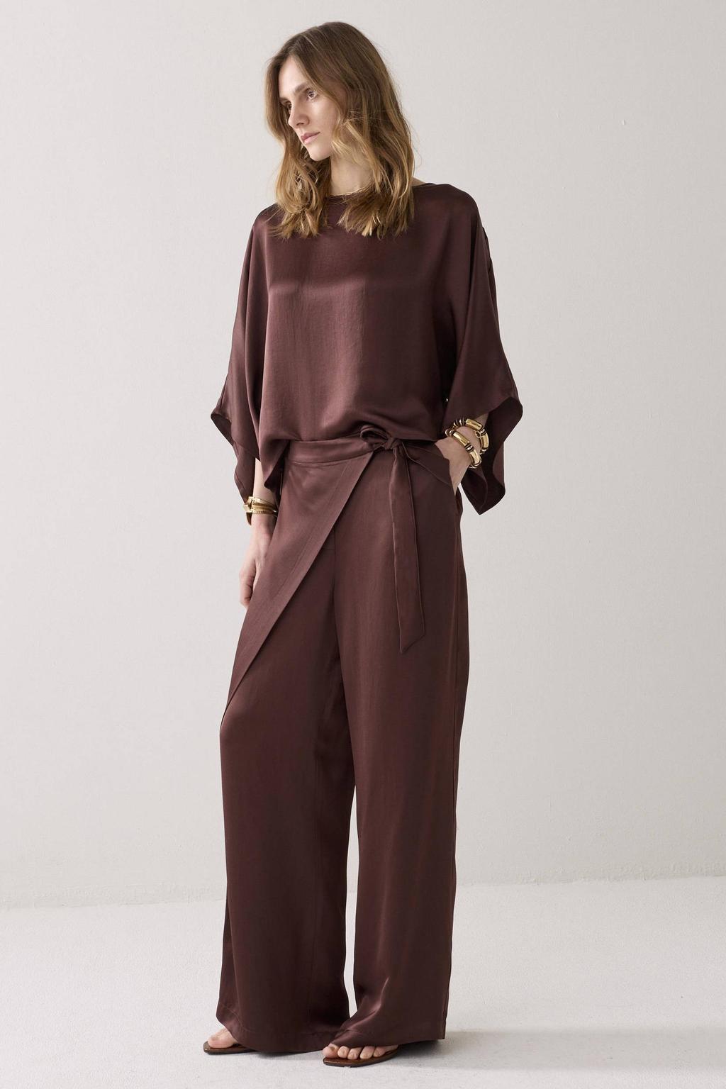 Bruine dames Summum wide leg regular waist broek van acetaat met effen