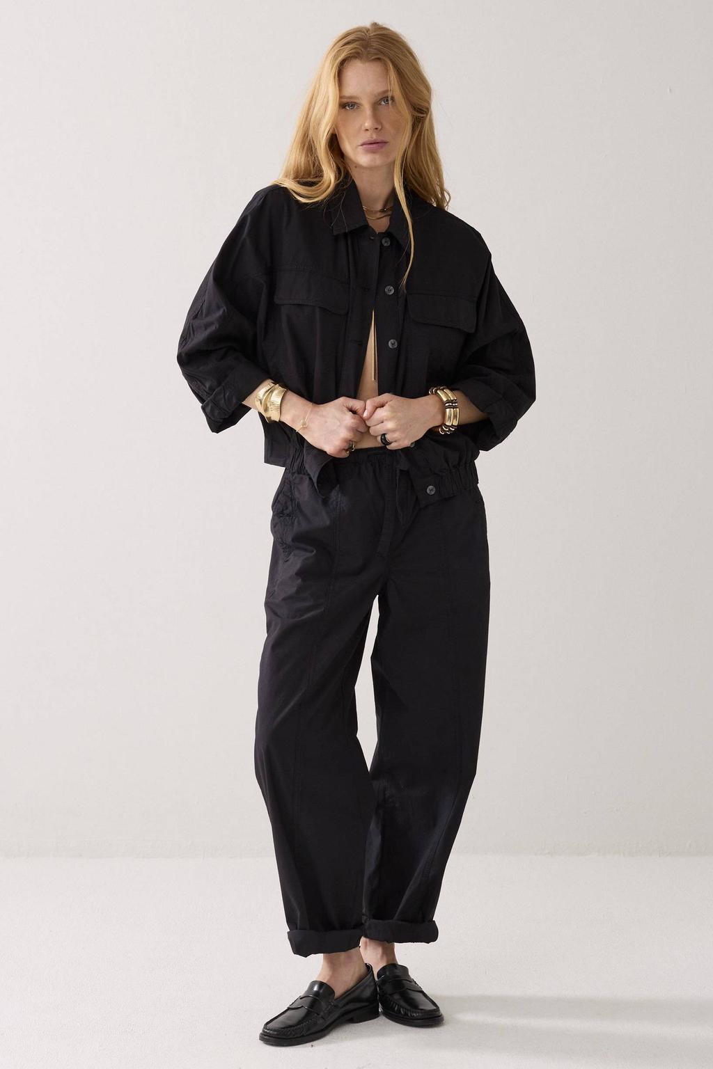Zwarte dames Summum baggy regular waist broek van katoen met elastische tailleband met koord en effen