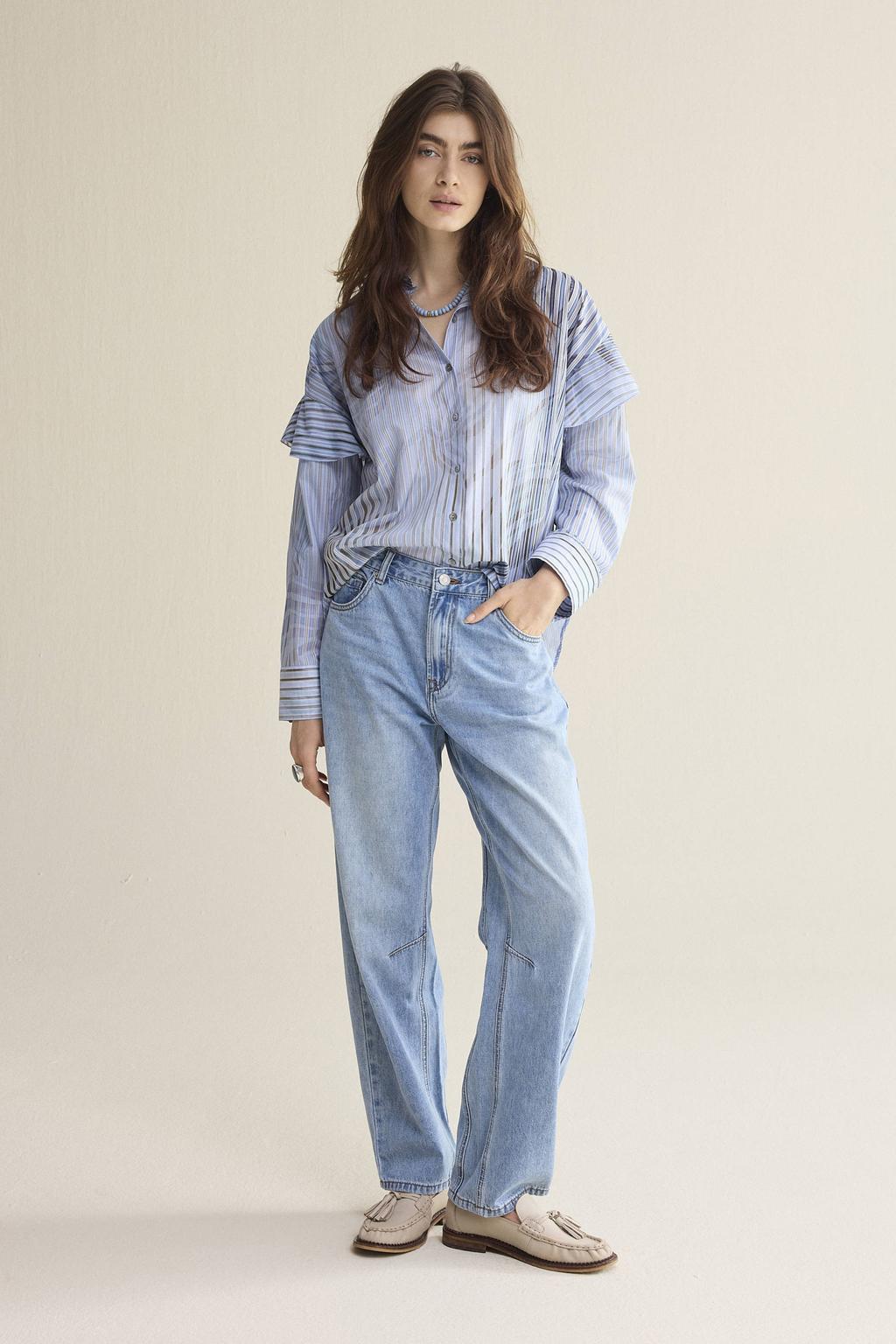 Lichtblauwe dames Summum blouse van katoen met lange mouwen, klassieke kraag en knoopsluiting