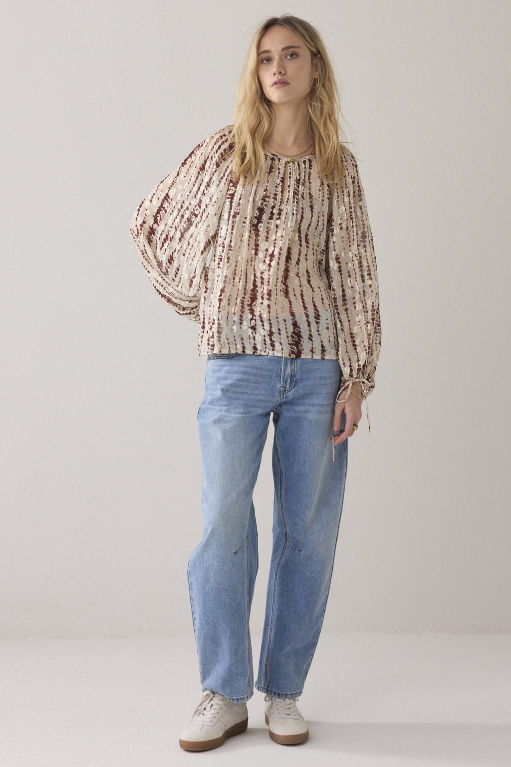 Ecru dames Summum blousetop van viscose met lange mouwen, mao kraag, knoopsluiting en tunnelkoord
