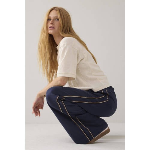 Summum wide leg regular waist broek met krijtstreep donkerblauw afbeelding