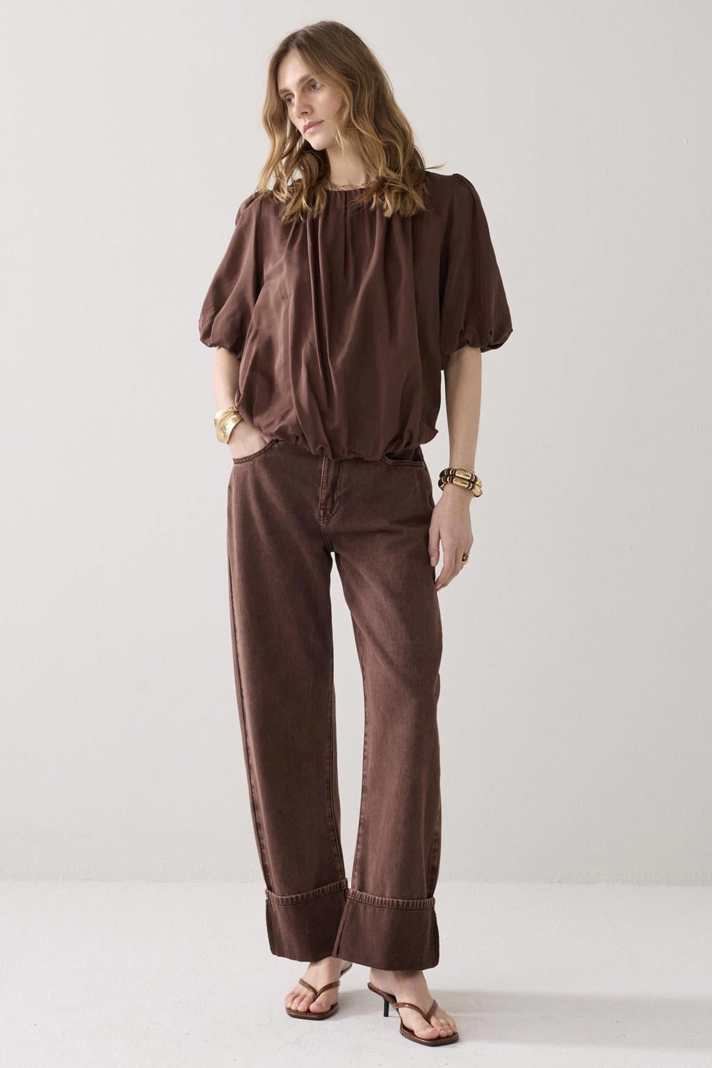 Bruine dames Summum top van viscose met effen, korte mouwen en ronde hals