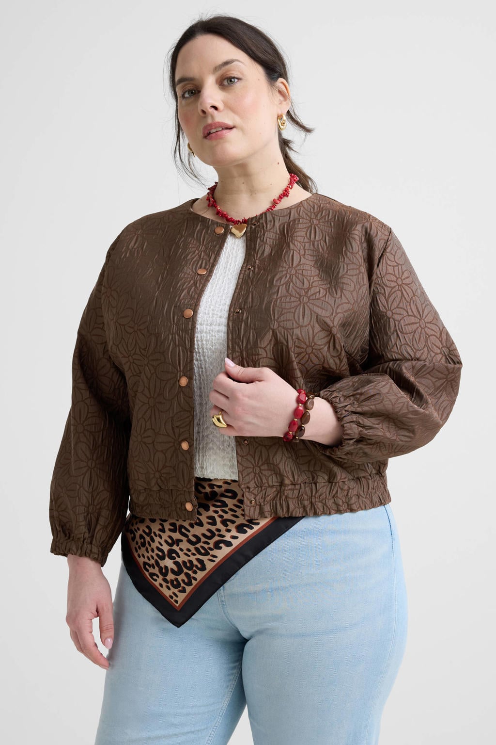 Bruine dames GREAT LOOKS jacquard bomberjack van polyester met bloemenprint, lange mouwen en ronde hals