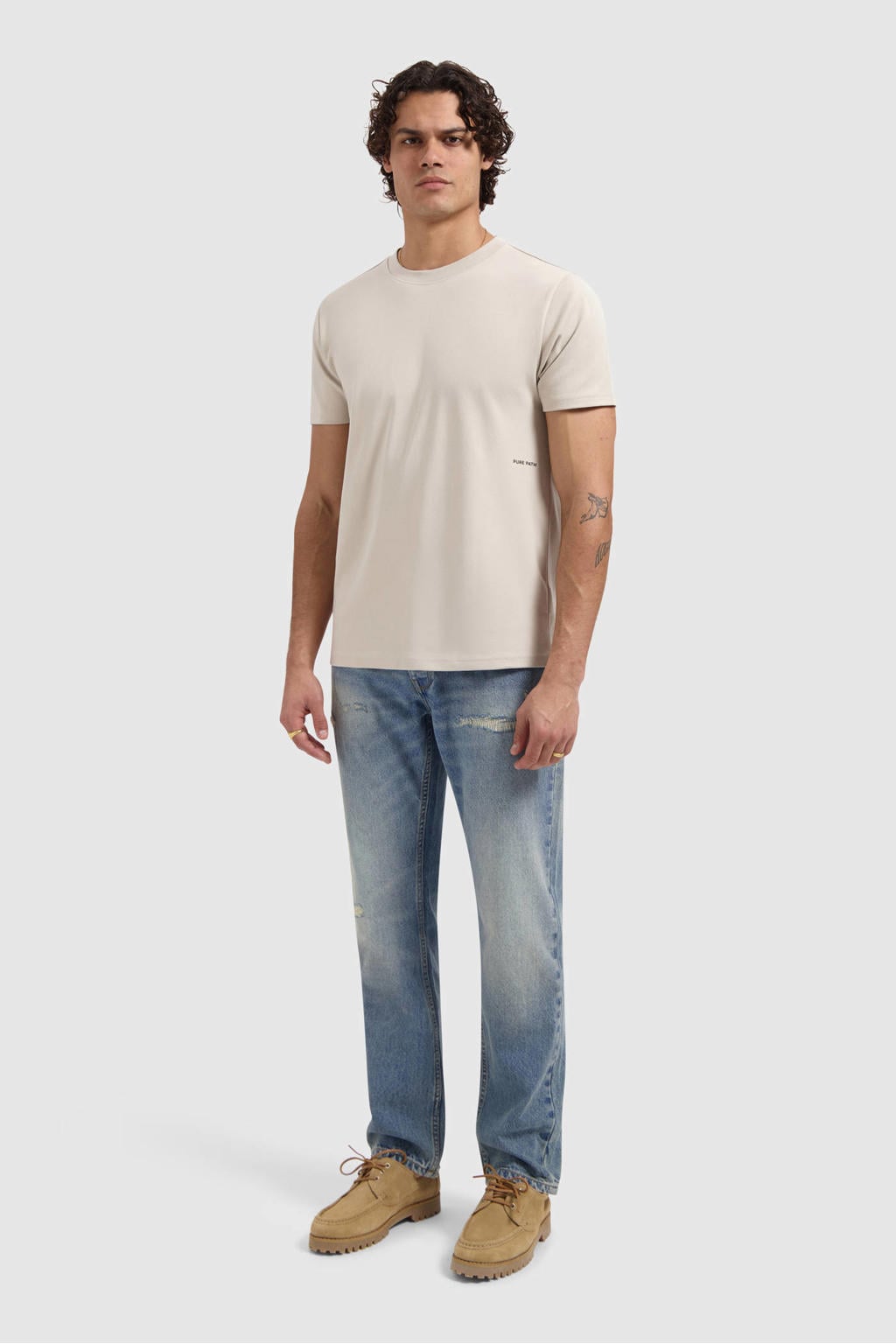 Zandkleurige heren Pure Path regular T-shirt van katoen met effen, korte mouwen en ronde hals