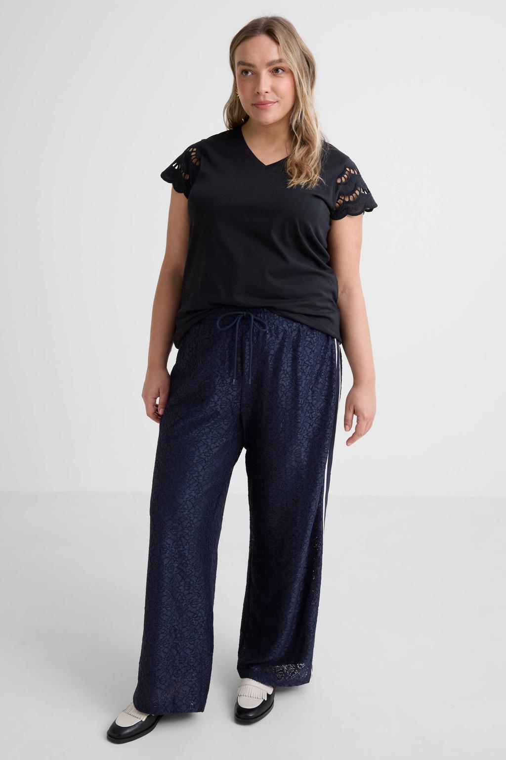 Donkerblauwe dames ONLY CARMAKOMA high waist broek van polyester met loose fit, elastische tailleband en effen