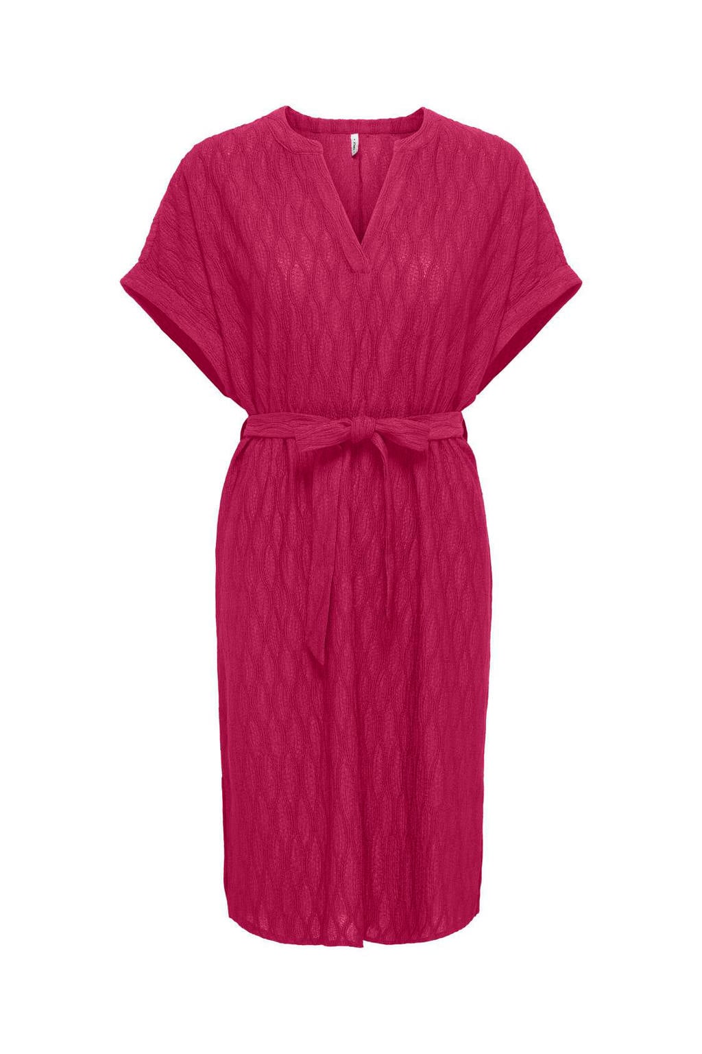 Roze dames ONLY CARMAKOMA geruite midi jurk van polyester met korte mouwen en V-hals