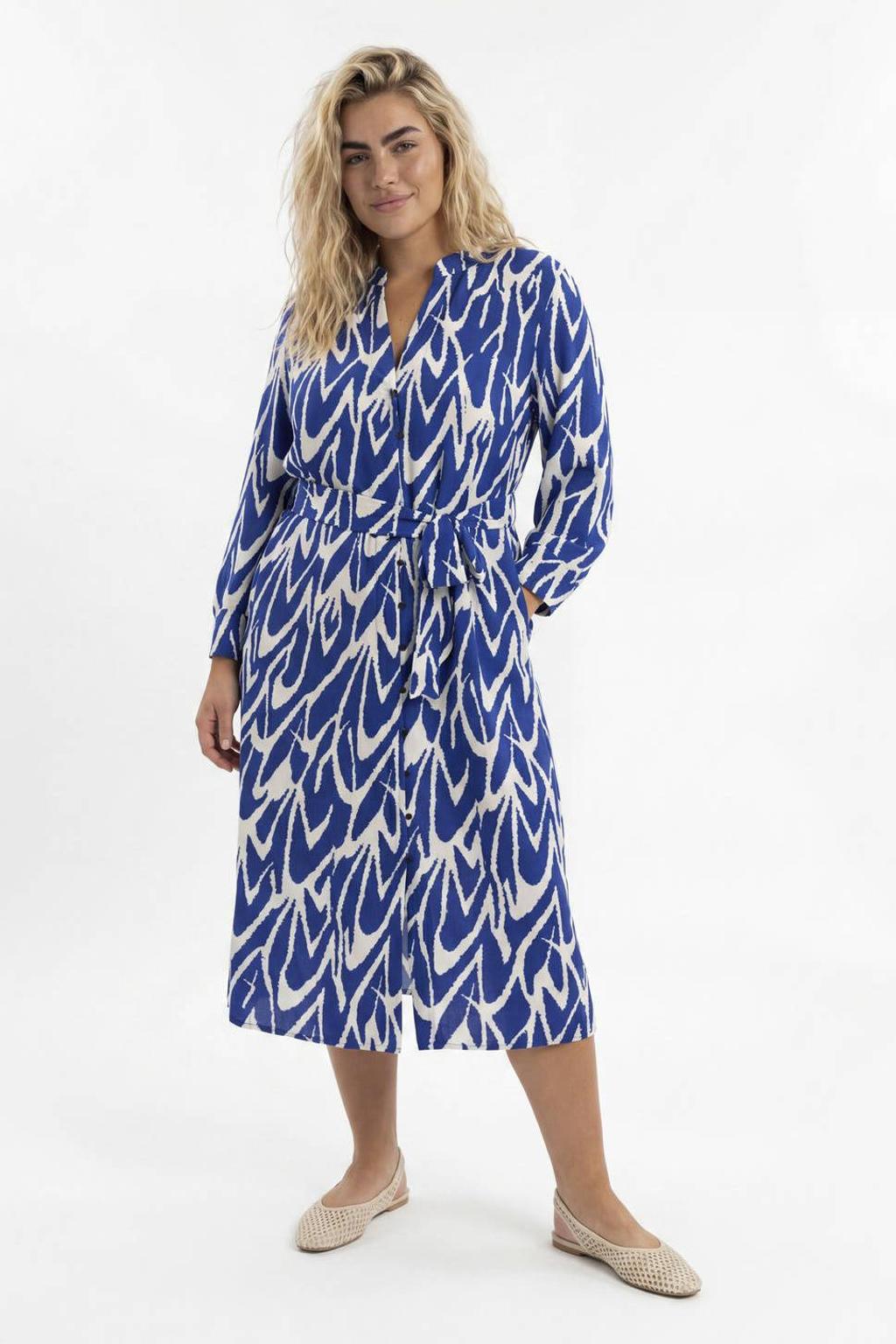 Blauw en witte dames ONLY CARMAKOMA blousejurk van modal met driekwart mouwen en V-hals