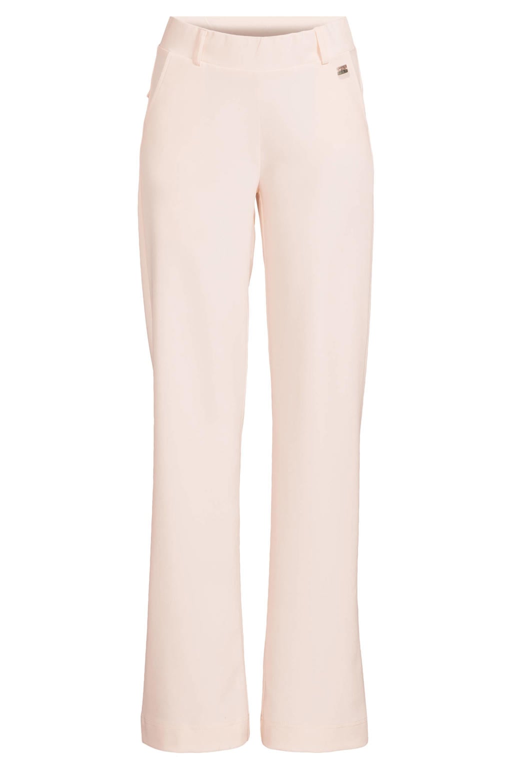 Lichtroze dames TQ-Amsterdam travelstof straight high waist broek met elastische tailleband en effen