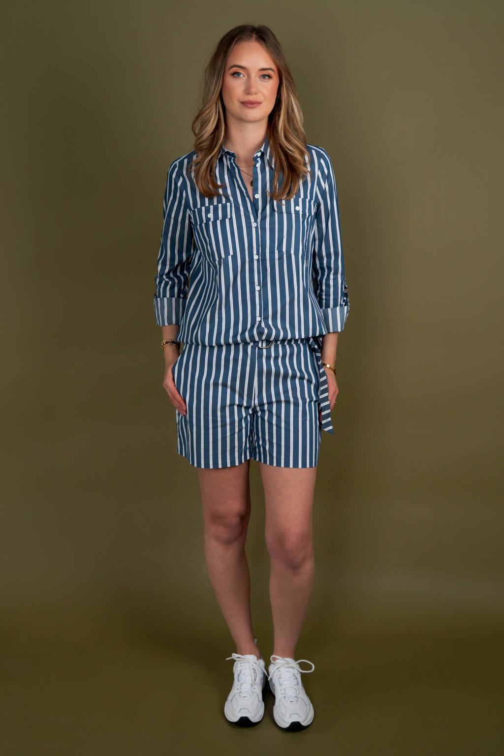 Blauwe dames TQ-Amsterdam straight high waist gestreepte casual short van katoen met rits- en knoopsluiting