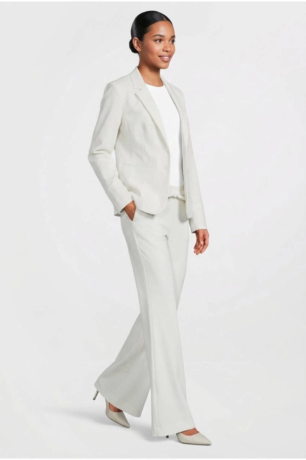 Witte dames TQ-Amsterdam high waist flared broek van viscose met elastische tailleband met koord en effen
