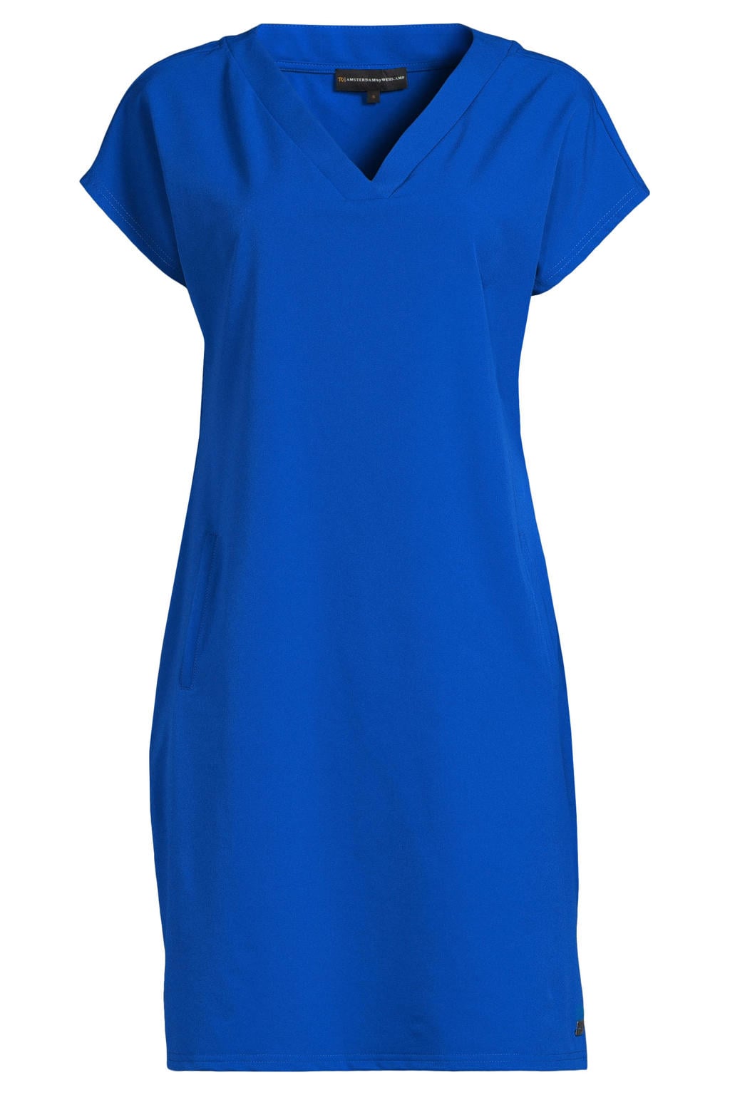 Blauwe dames TQ-Amsterdam t-shirtjurk korte jurk van polyamide met effen, korte mouwen en V-hals
