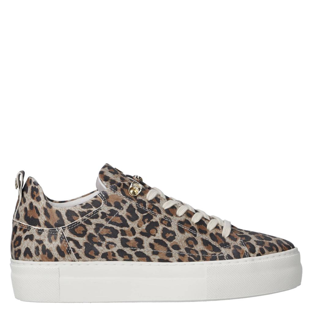 Beige en bruine dames Red Rag leren sneakers met veters en panterprint