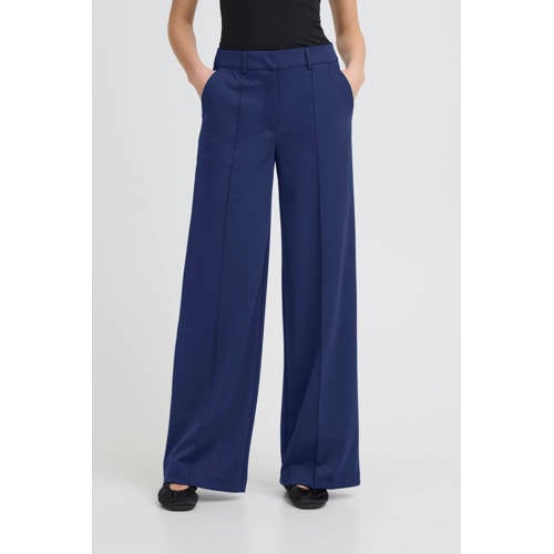 ICHI wide leg regular waist broek donkerblauw afbeelding