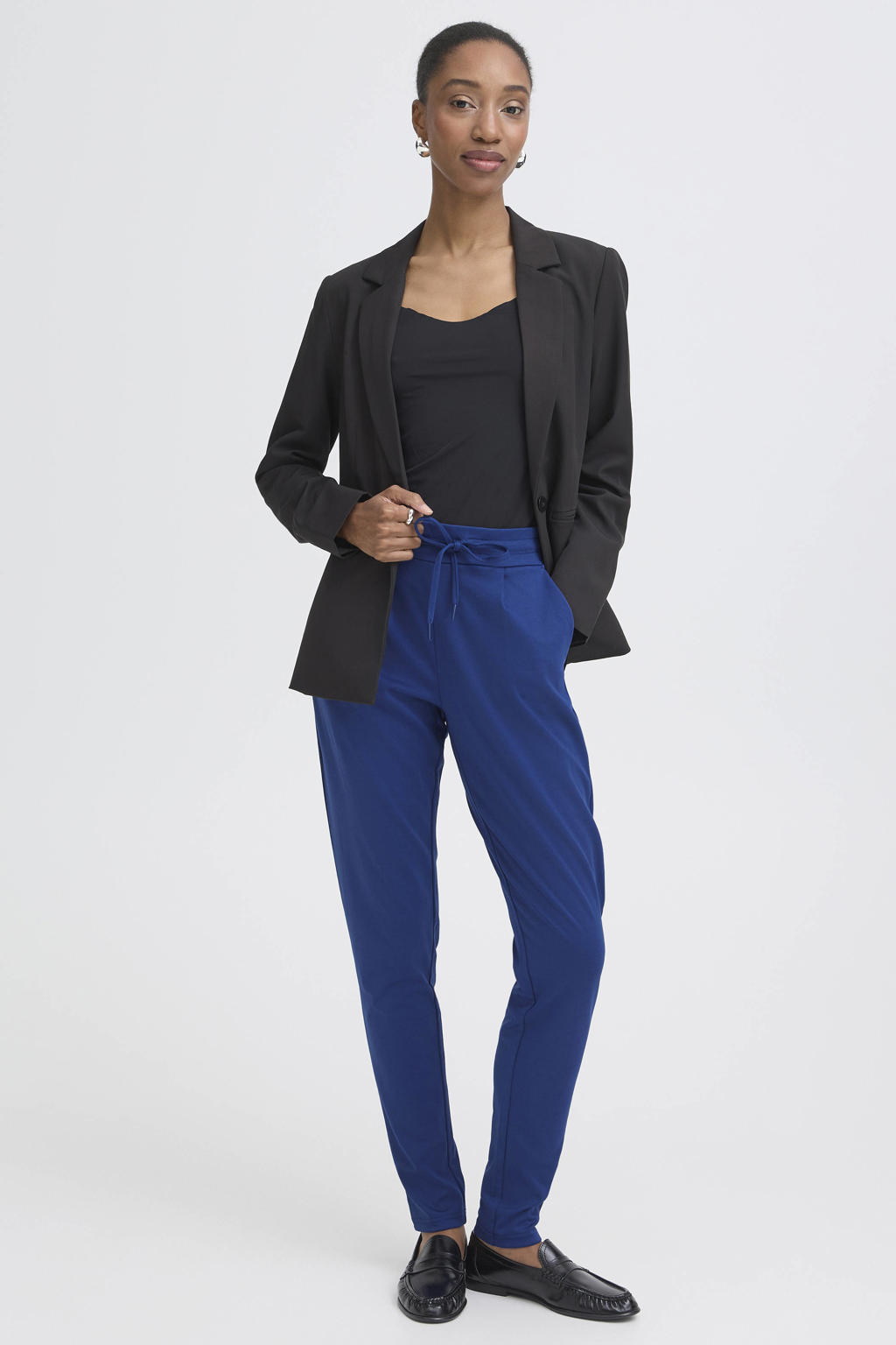 Blauwe dames ICHI jersey regular waist casual broek van polyester met elastische tailleband met koord en effen