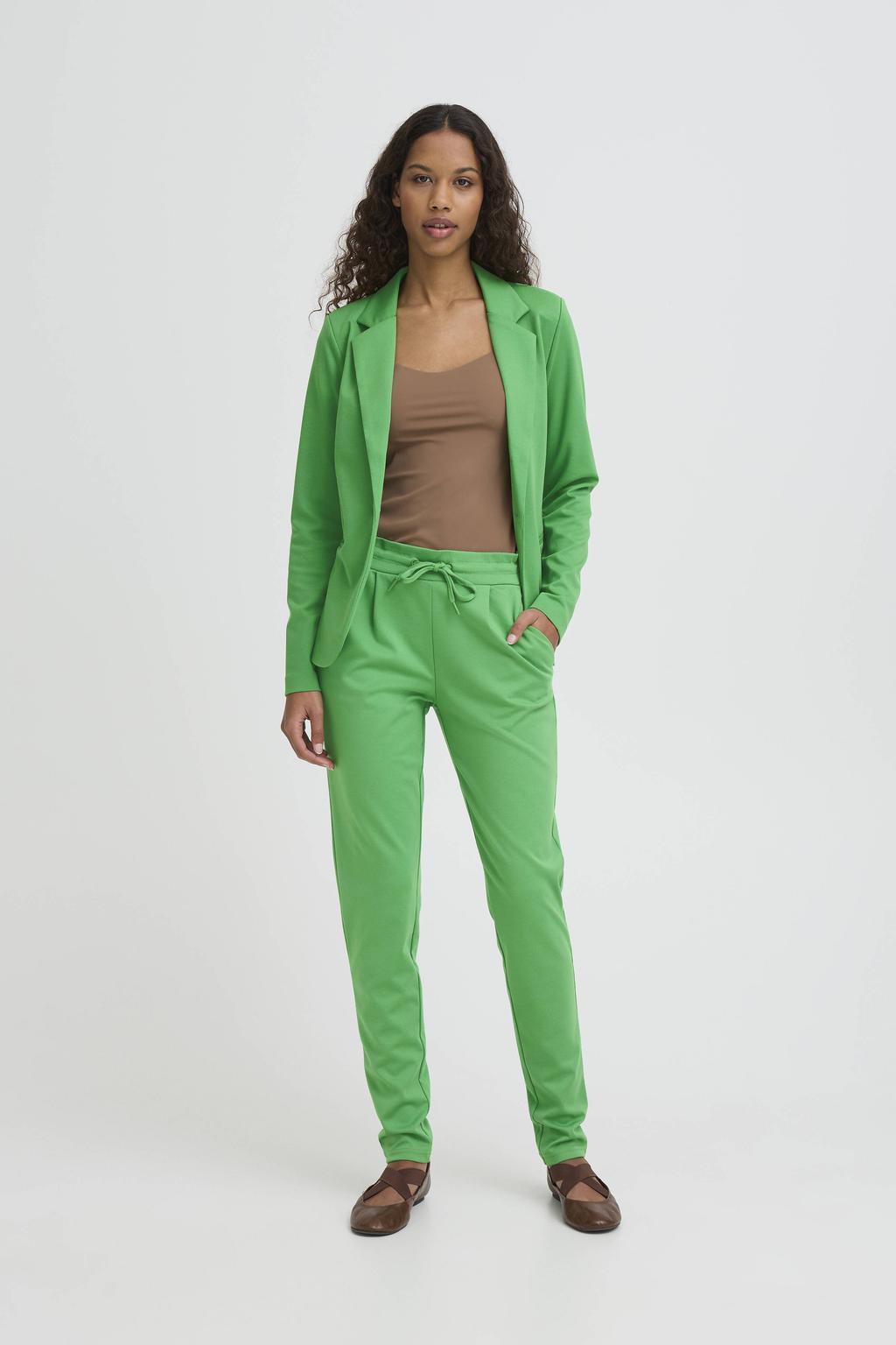 Groene dames ICHI jersey regular waist casual broek van polyester met elastische tailleband met koord en effen