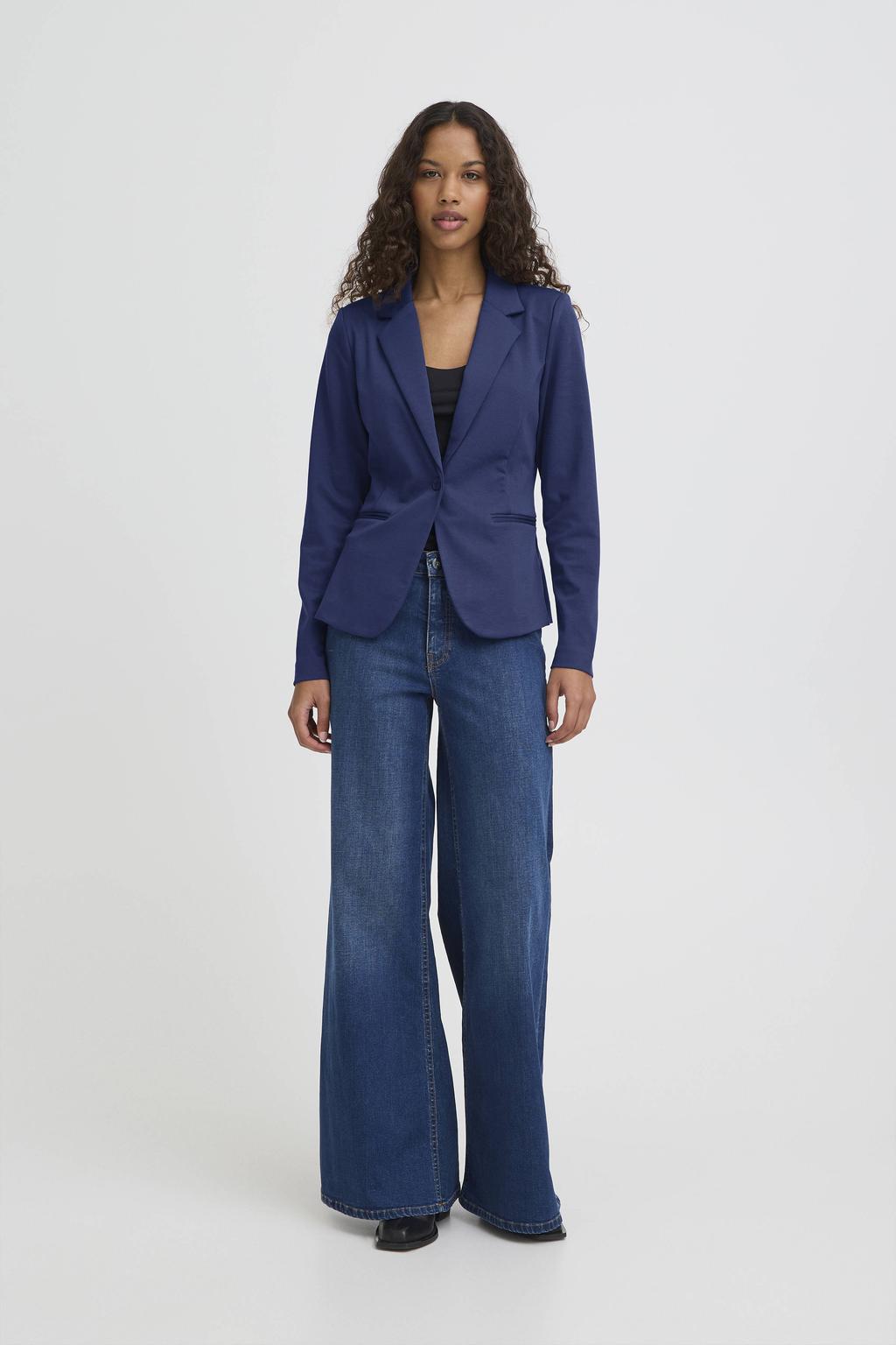 Donkerblauwe dames ICHI jersey getailleerde blazer van polyester met effen, lange mouwen, reverskraag en knoopsluiting