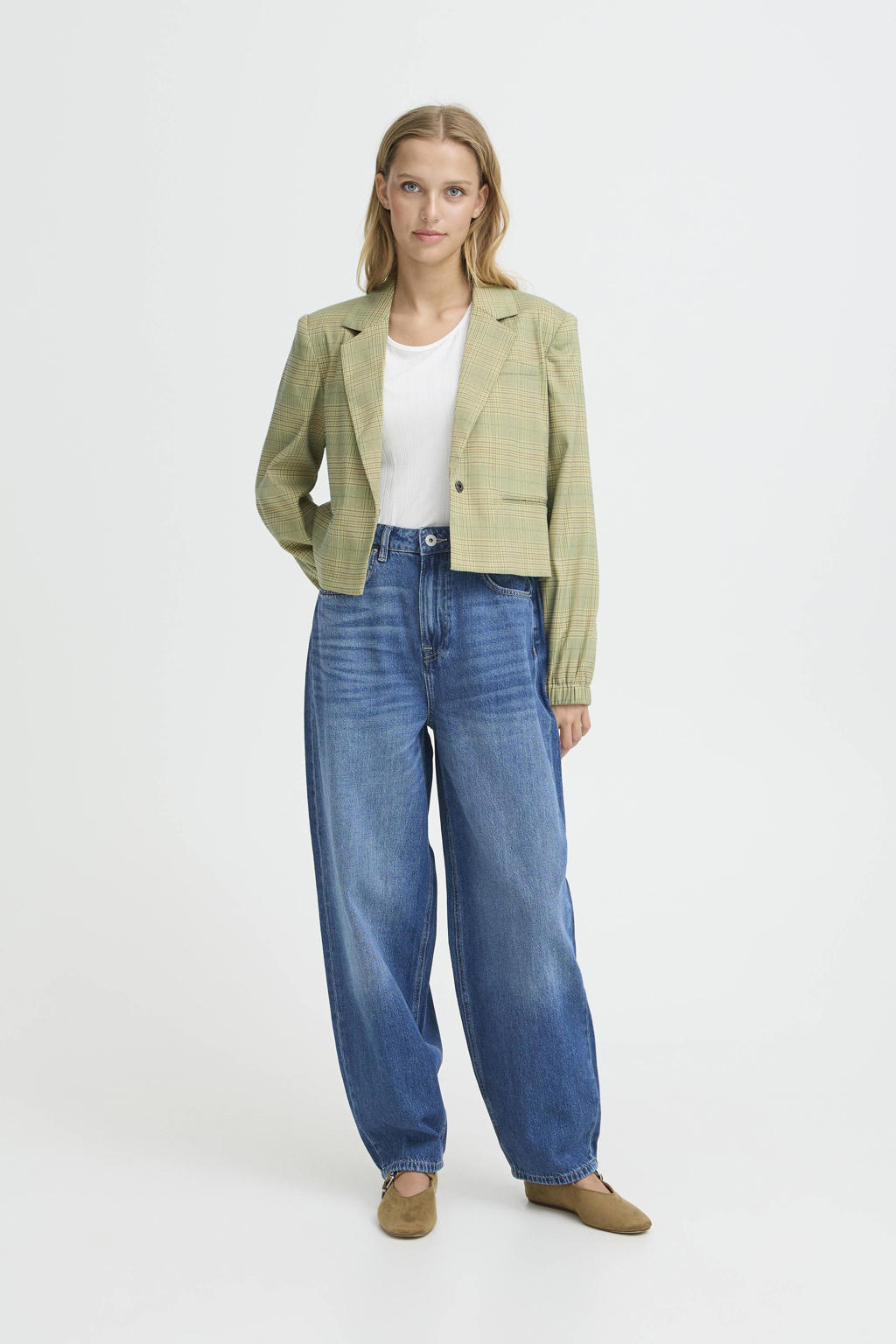 Lichtgroene dames ICHI geruit cropped blazer van polyester met lange mouwen, reverskraag en knoopsluiting