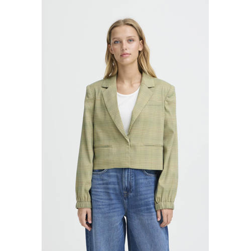 ICHI geruit cropped blazer lichtgroen afbeelding