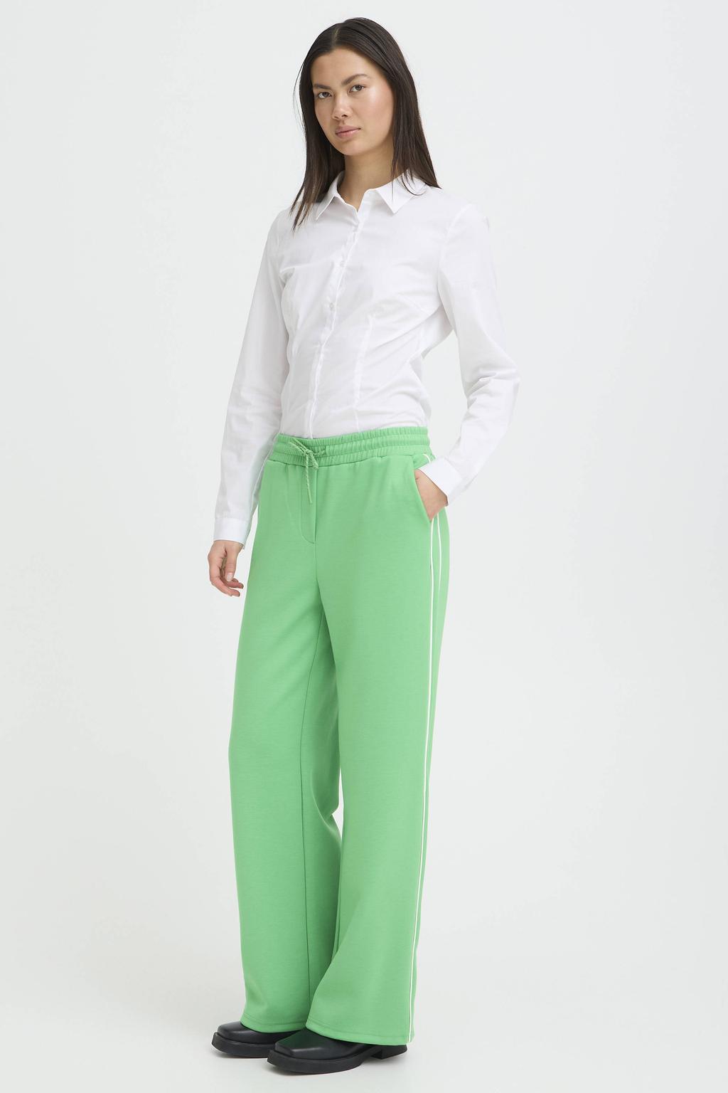 Groene dames ICHI wide leg regular waist broek met elastische tailleband met koord en effen