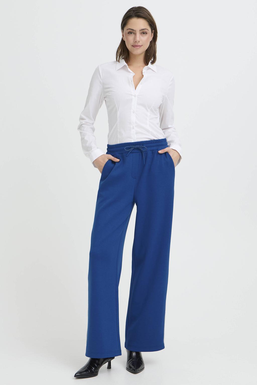 Donkerblauwe dames ICHI wide leg regular waist broek met elastische tailleband met koord en effen