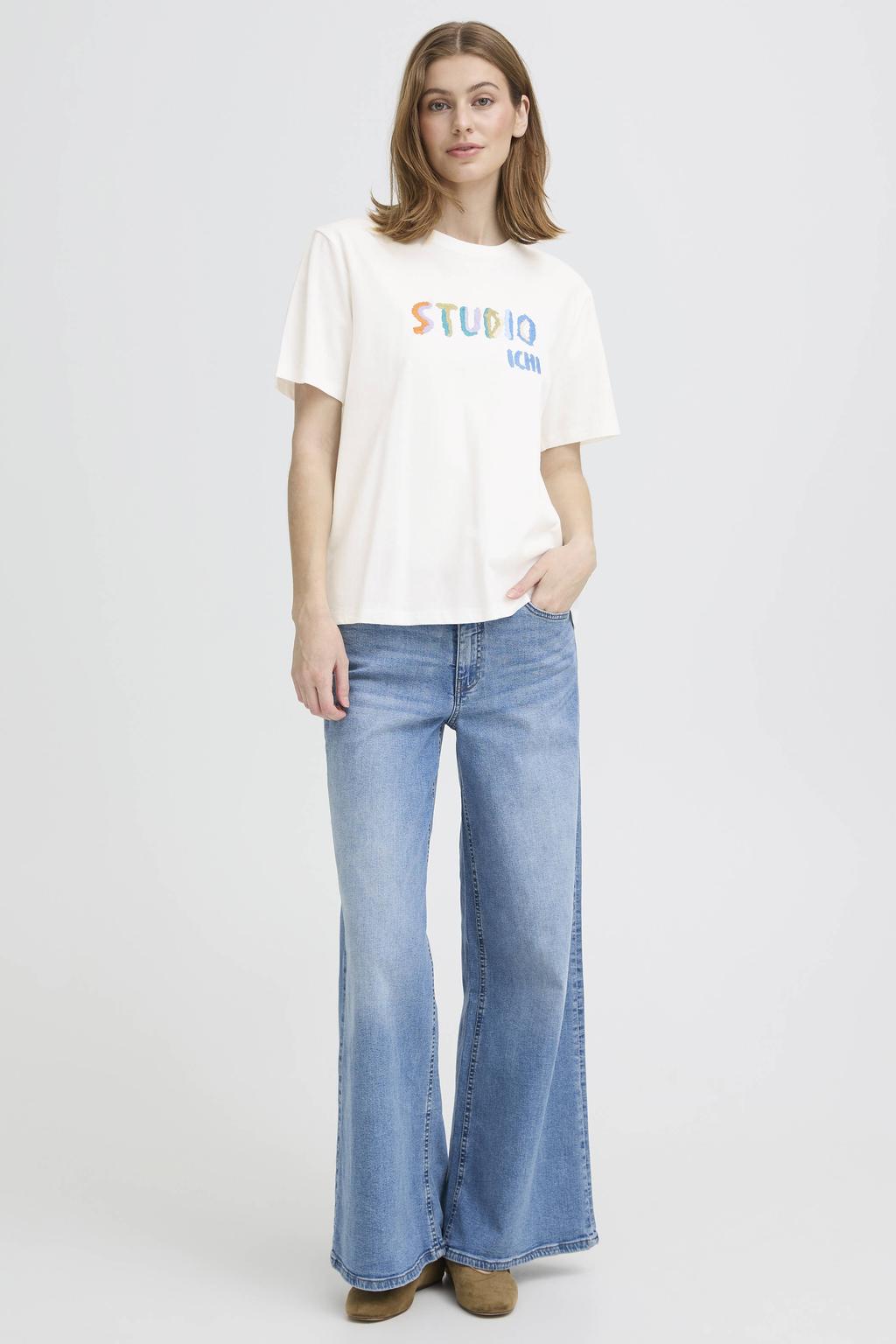 Ecru dames ICHI T-shirt van katoen met tekst print, korte mouwen, ronde hals en borduursels
