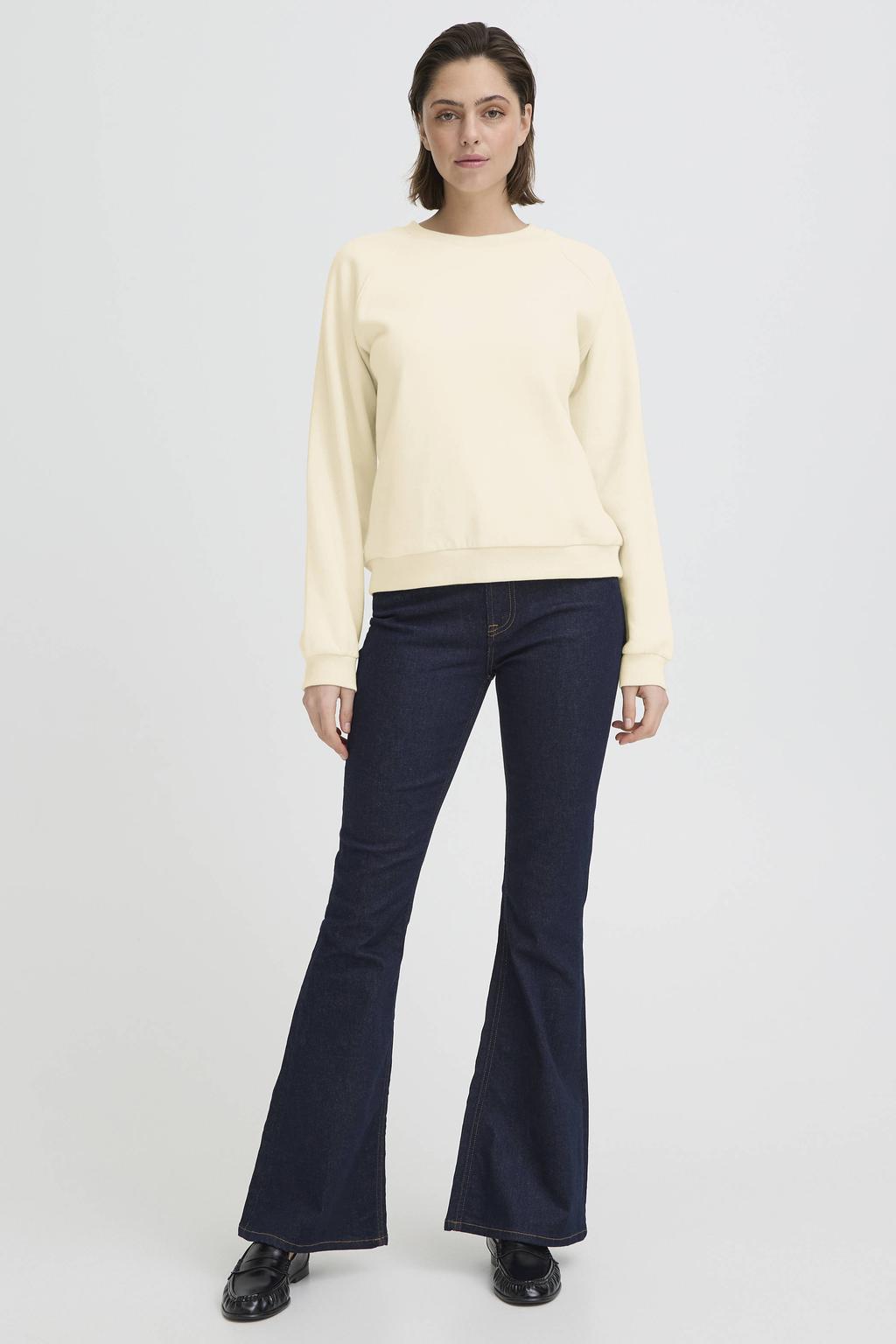 Ecru en rode dames ICHI sweater van katoen met backprint, lange mouwen en ronde hals