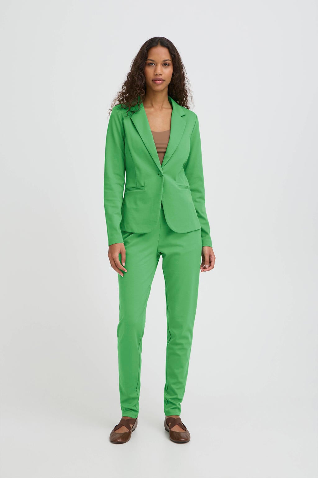 Groene dames ICHI jersey getailleerde blazer van polyester met effen, lange mouwen, reverskraag en knoopsluiting