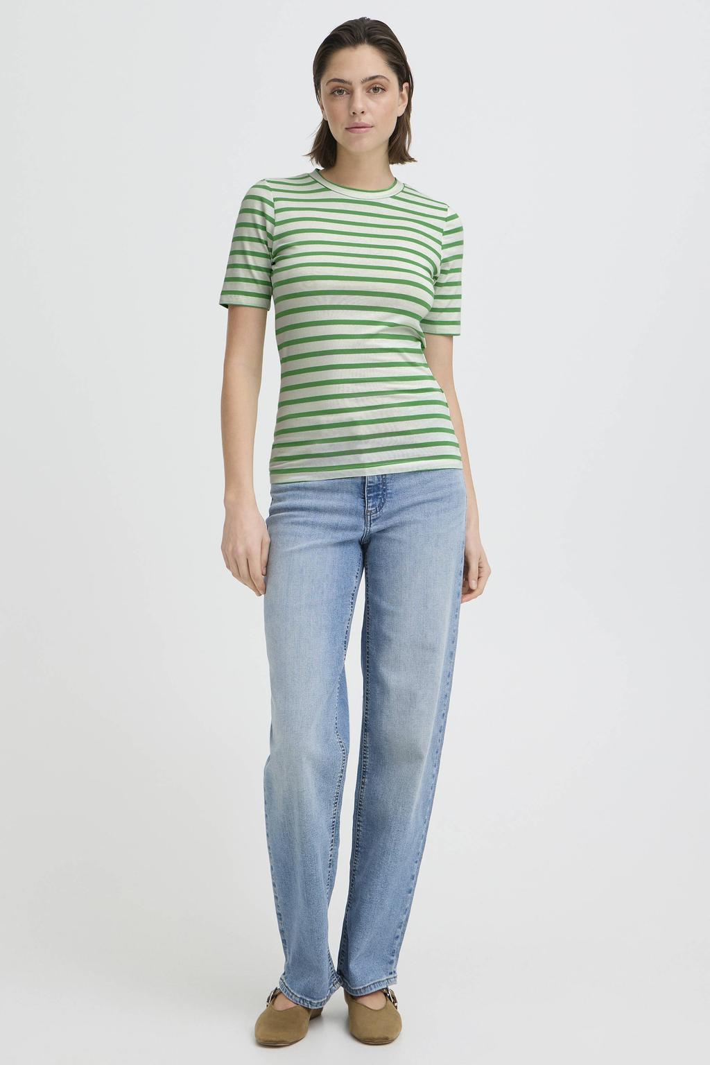 Groen en witte dames ICHI gestreepte top met driekwart mouwen en ronde hals