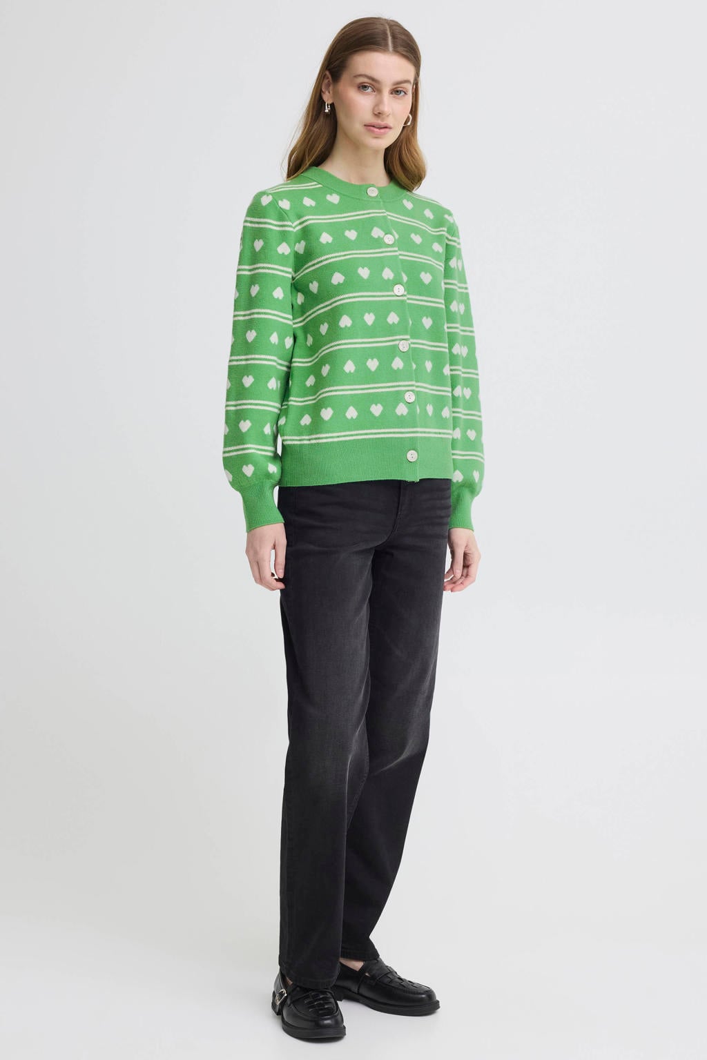 Groen en ecru dames ICHI gebreid vest met lange mouwen, ronde hals en knoopsluiting