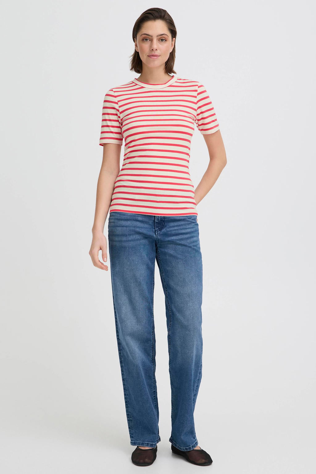 Rood en witte dames ICHI gestreepte top met driekwart mouwen en ronde hals