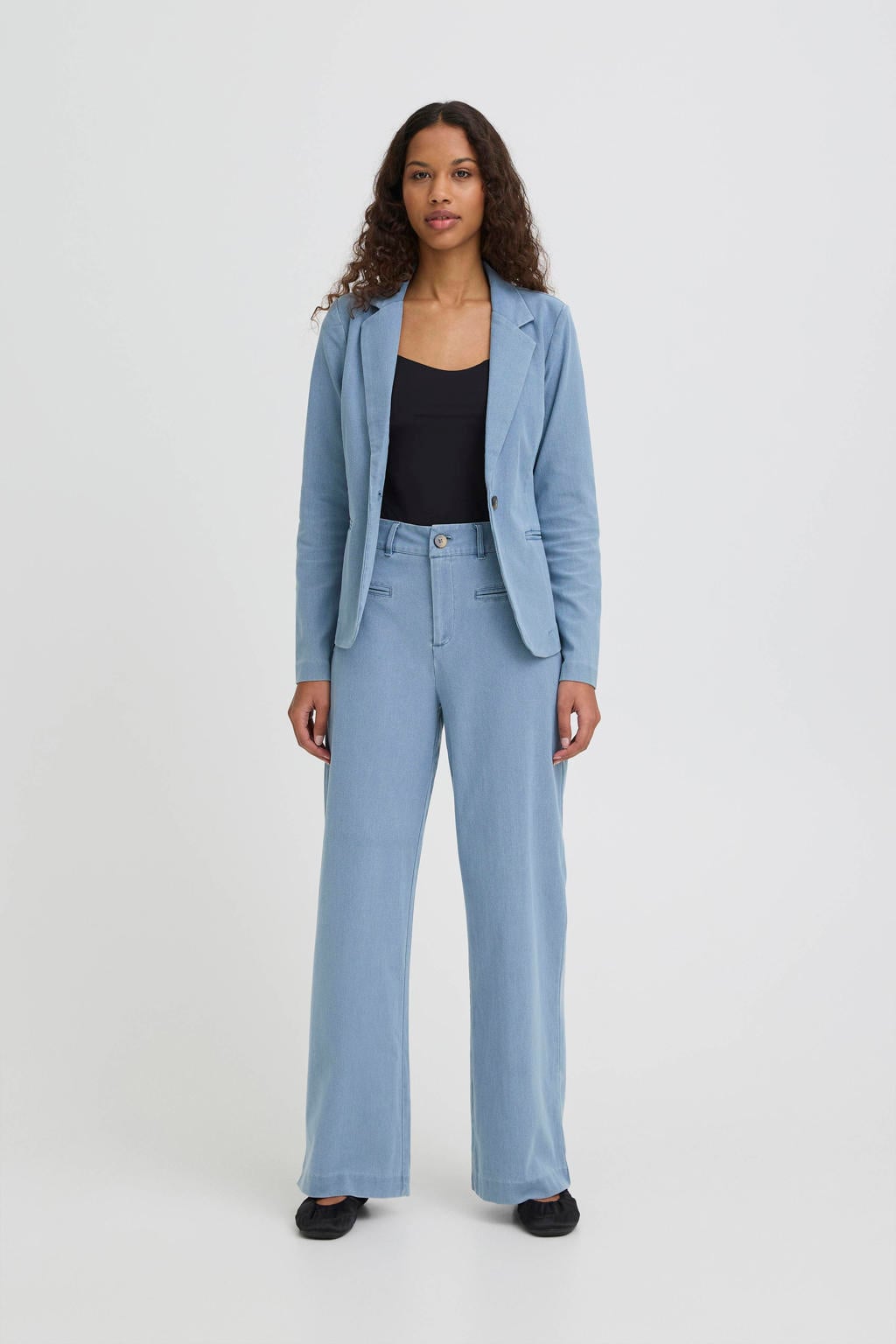 Light blue denim dames ICHI high waist wide leg jeans van denim met rits- en knoopsluiting en effen