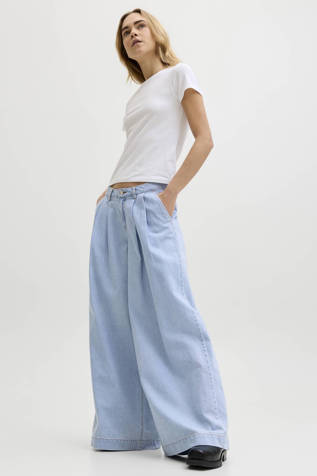 Light blue denim dames JJXX Jxpalma Nova Extra Wide Mw R339 Dnm wide leg jeans met rits- en knoopsluiting en effen