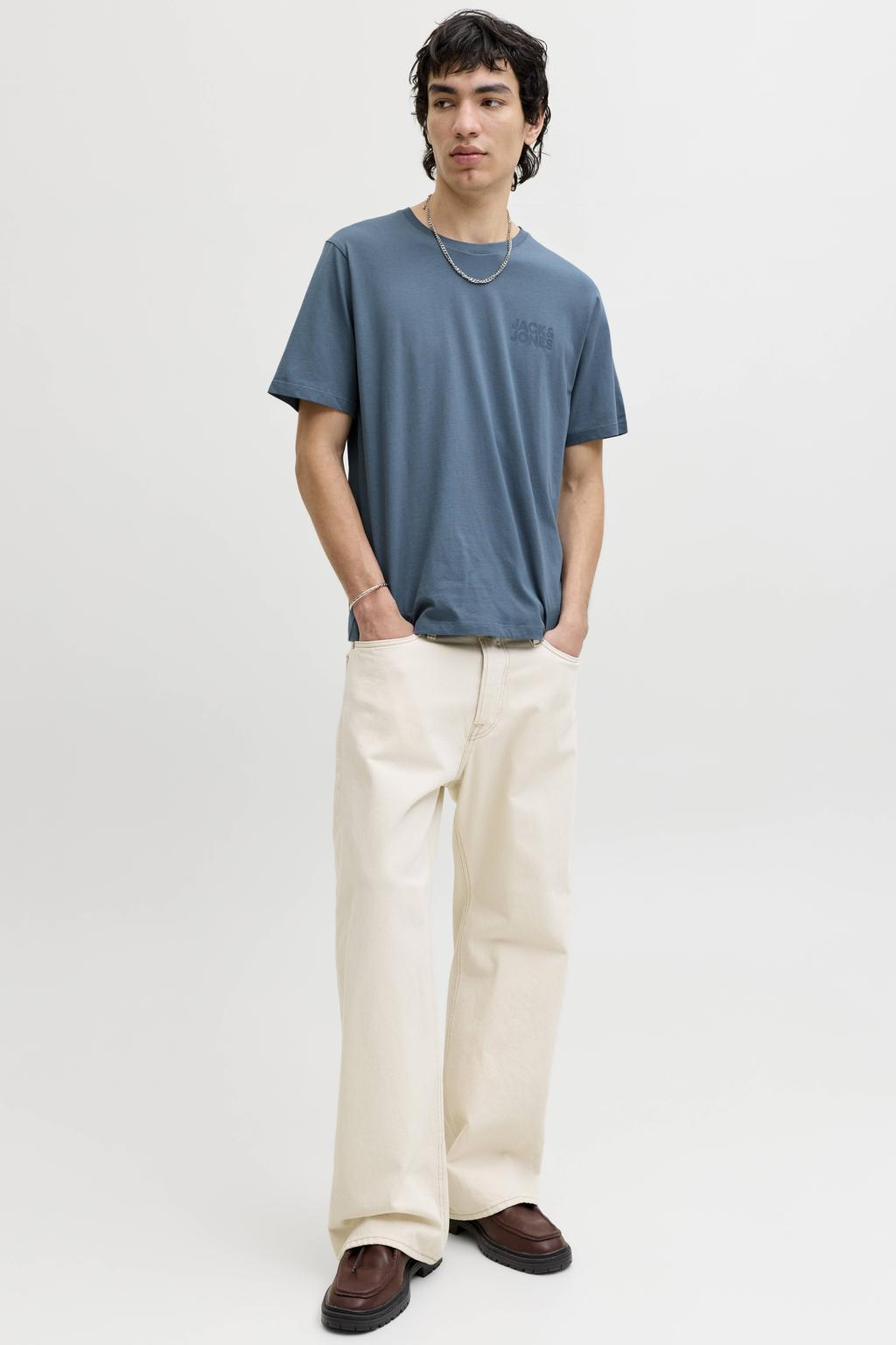 Blauwe heren JACK & JONES ESSENTIALS regular T-shirt van katoen met logo dessin, korte mouwen en ronde hals