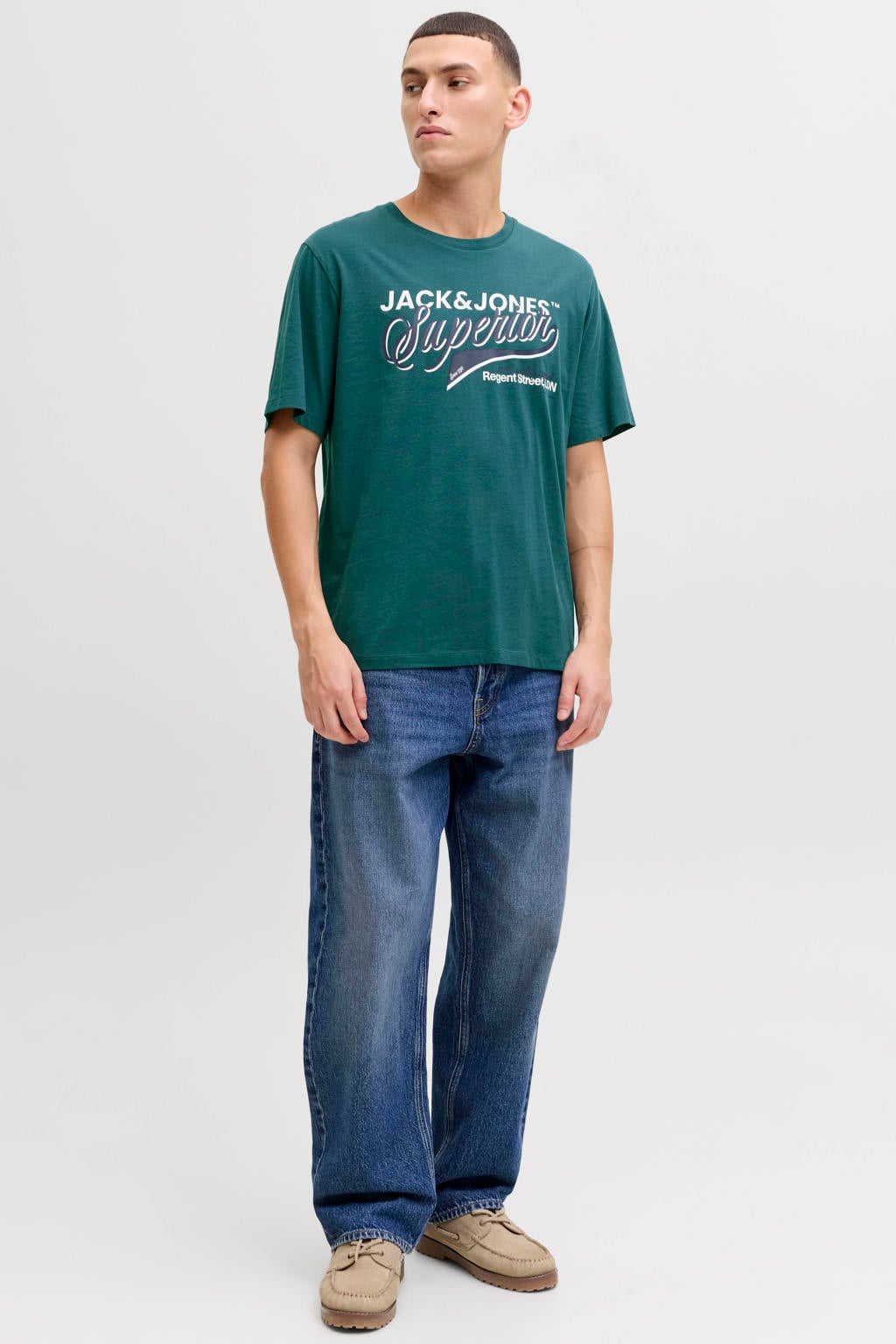 Petrolkleurige heren JACK & JONES ESSENTIALS regular T-shirt van katoen met printopdruk, korte mouwen en ronde hals