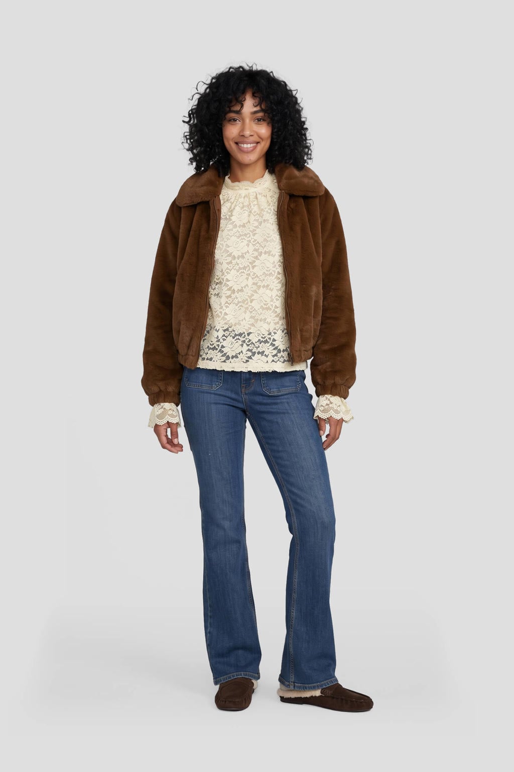 Bruine dames Ruby faux fur jasje van polyester met effen, lange mouwen, klassieke kraag en imitatiebontkraag