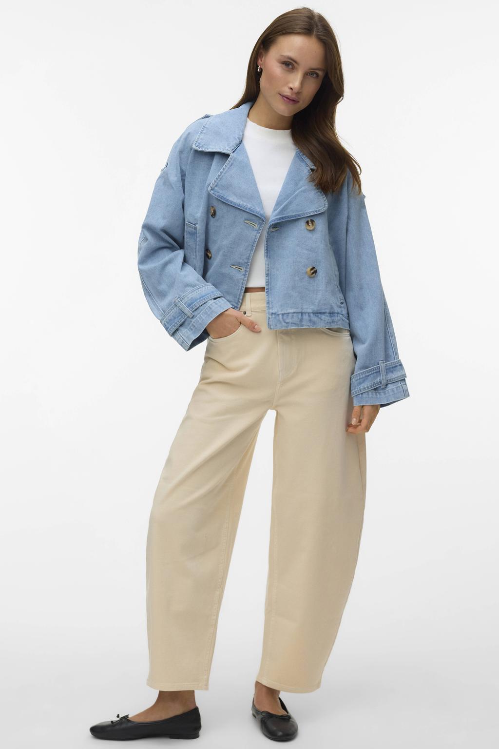 Ecru dames VERO MODA Vmlouisa Ecru Hw Denim Jeans Exp high waist barrel jeans met rits- en knoopsluiting en effen