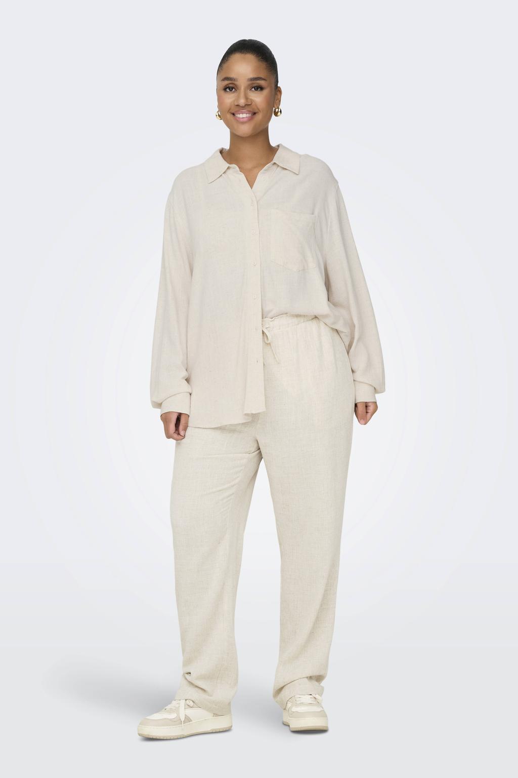 Ecru dames ONLY CARMAKOMA high waist casual broek van linnen met loose fit en effen