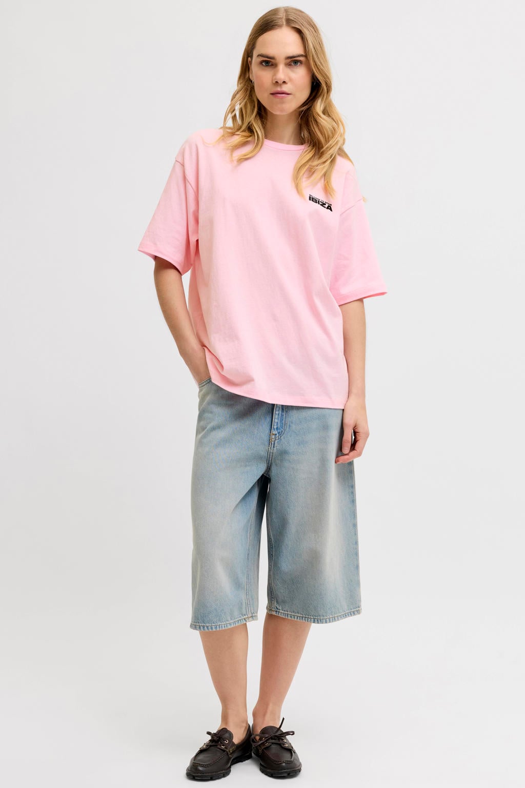 Lichtroze dames JJXX T-shirt van katoen met loose fit en backprint