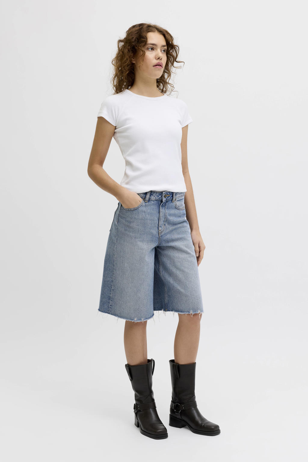 Light blue denim dames JJXX wide leg high waist short van denim met rits- en knoopsluiting