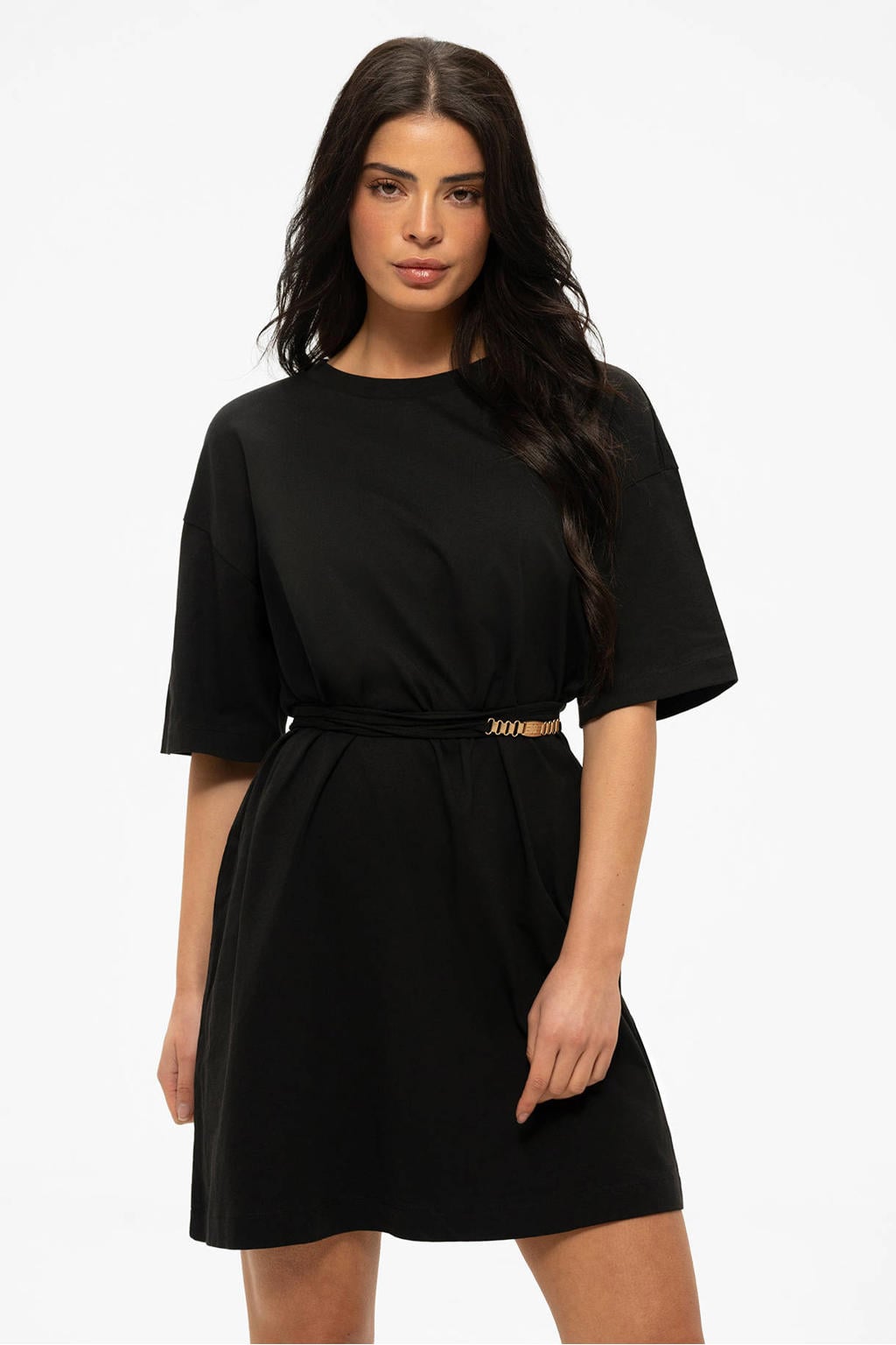 Zwarte dames NIKKIE t-shirtjurk van katoen met effen, half lange mouwen en ronde hals