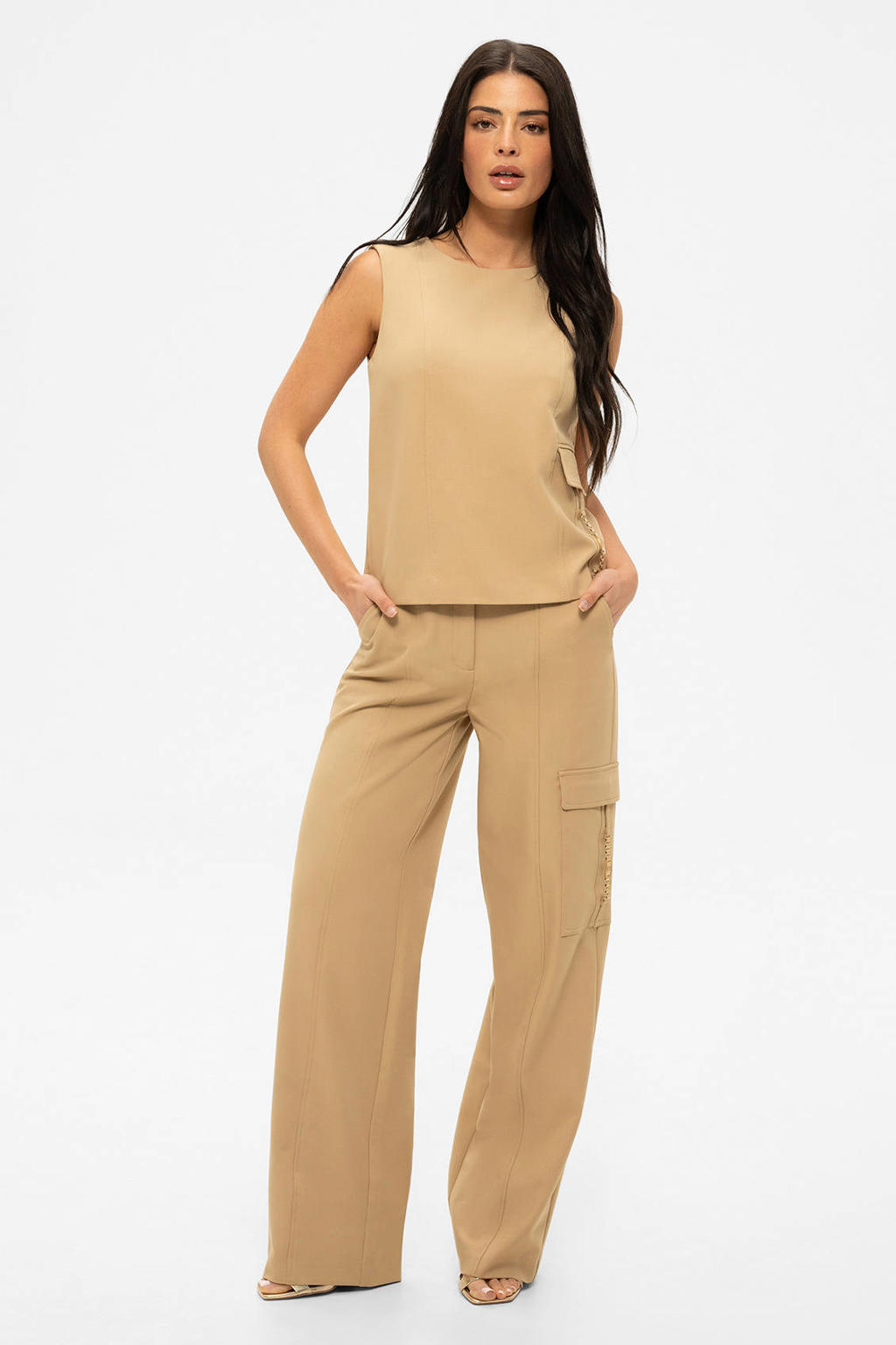 Lichtbruine dames NIKKIE wide leg regular waist cargobroek met rits- en haaksluiting en effen
