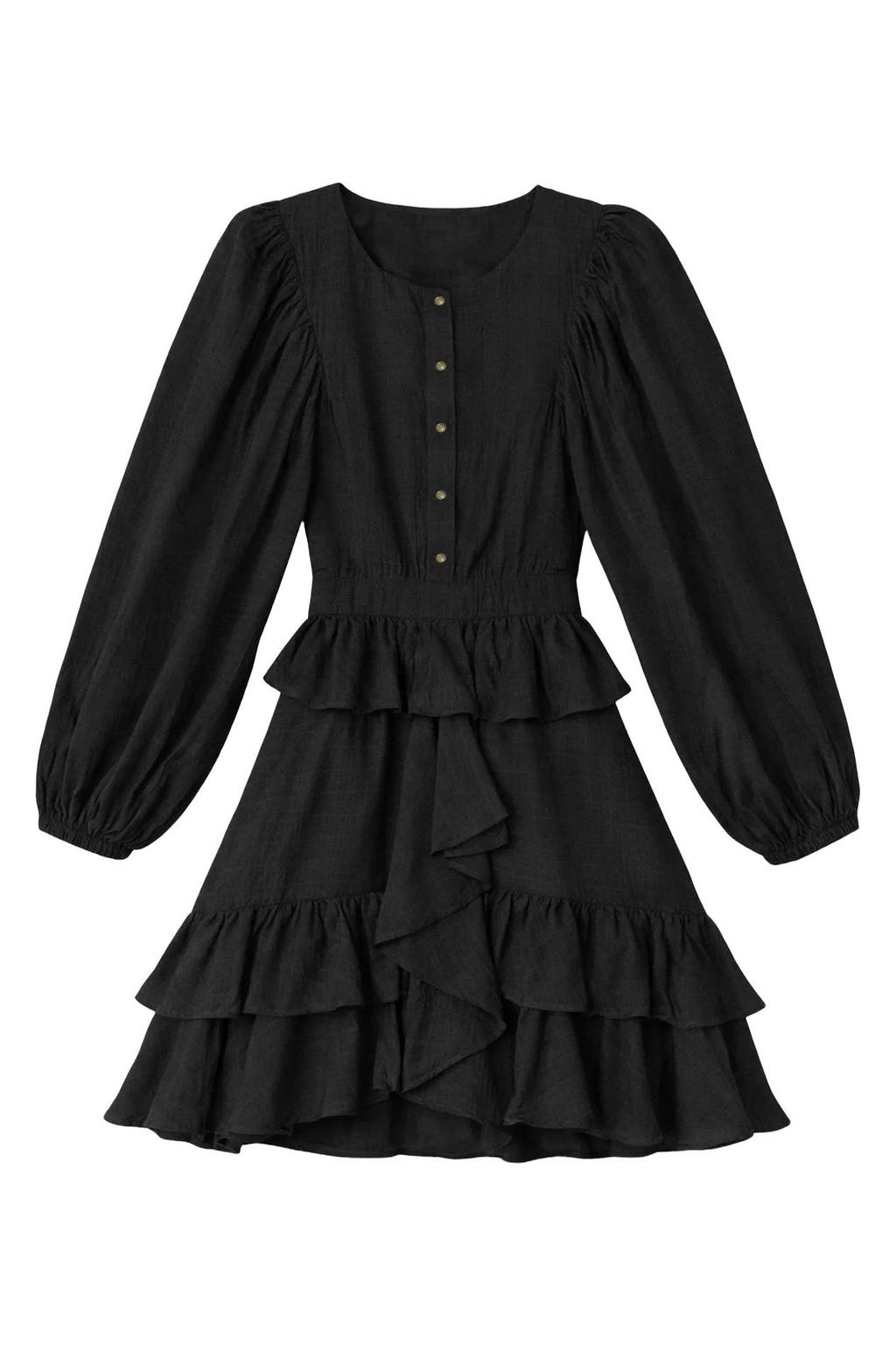 Zwarte dames NIKKIE cocktailjurk van viscose met effen, driekwart mouwen, ronde hals, knoopsluiting en plooien