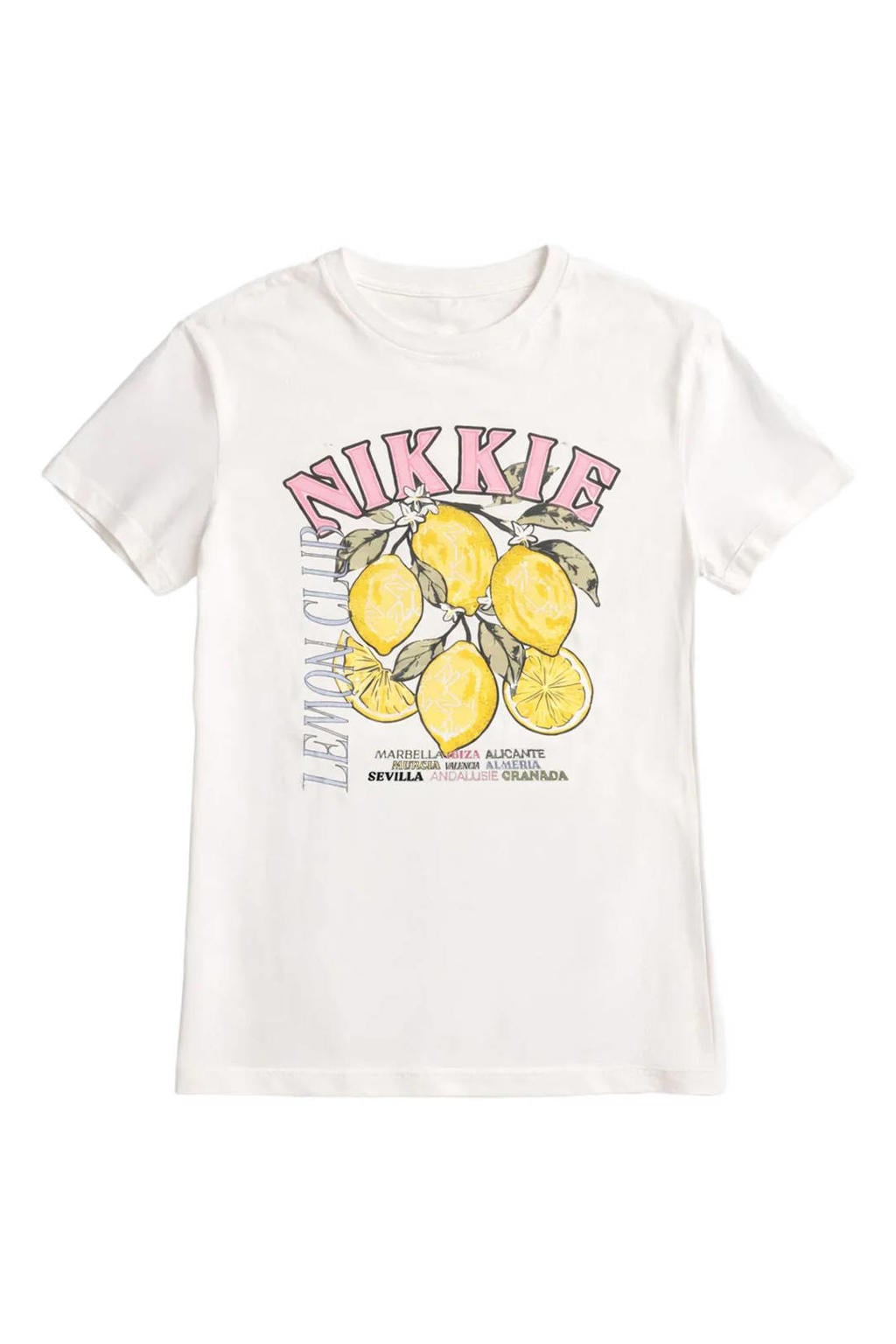 Witte dames NIKKIE T-shirt van katoen met printopdruk, korte mouwen en ronde hals