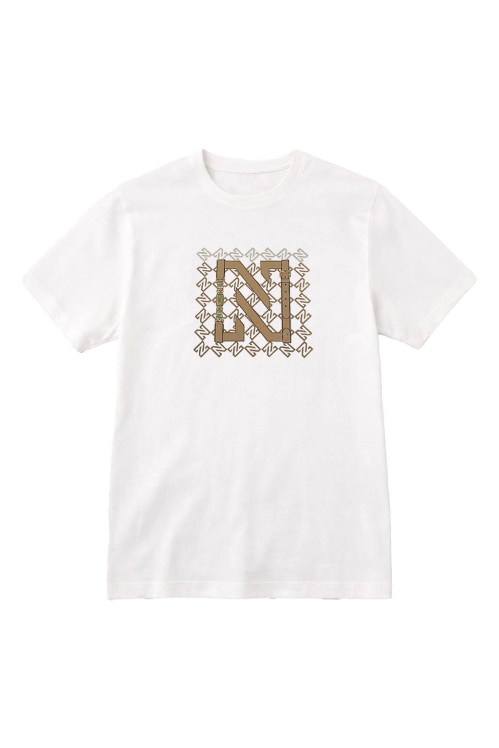 Ecru en bruine dames IKKIE T-shirt van katoen met logo dessin, korte mouwen en ronde hals