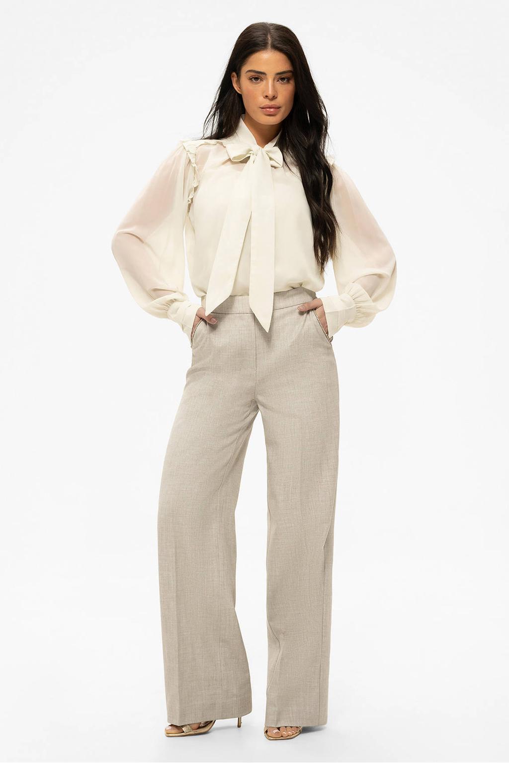 Ecru dames NIKKIE wide leg regular waist broek met rits- en haaksluiting en effen