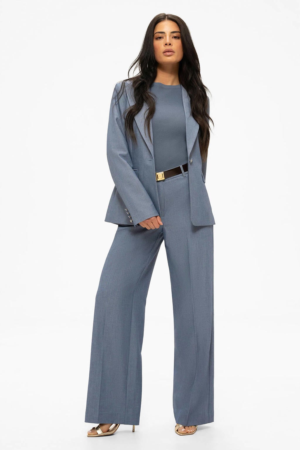 Blauwe dames NIKKIE wide leg regular waist broek met rits- en knoopsluiting en effen
